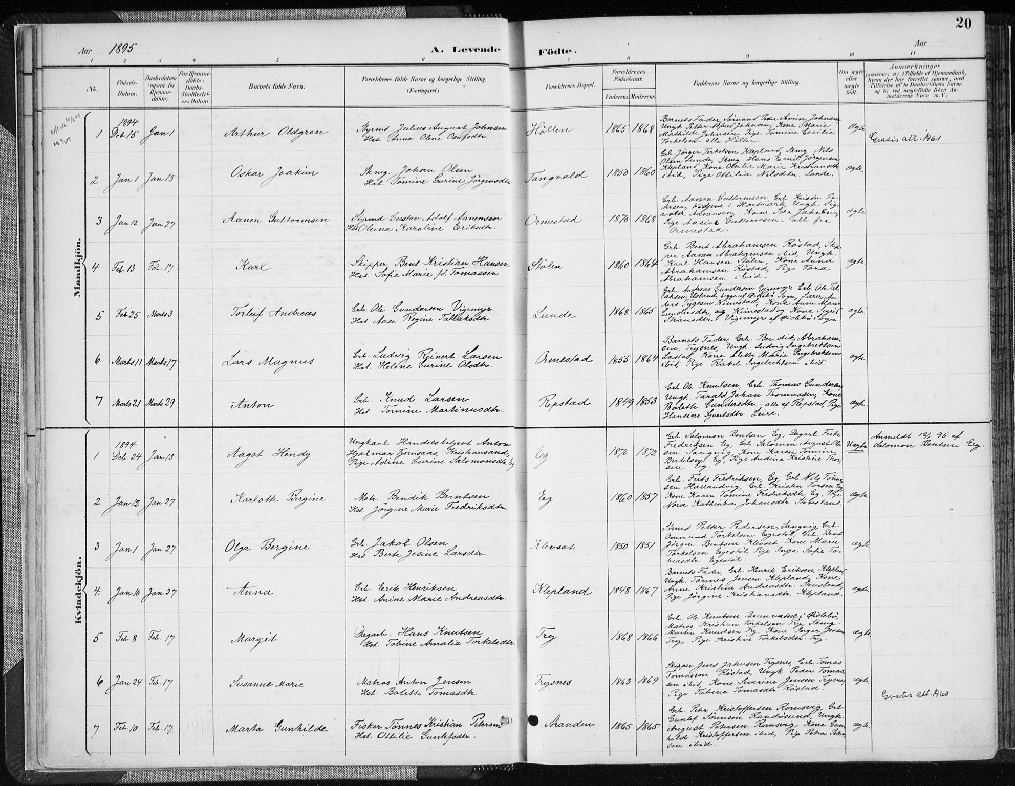 Søgne sokneprestkontor, SAK/1111-0037/F/Fa/Fab/L0013: Parish register (official) no. A 13, 1892-1911, p. 20