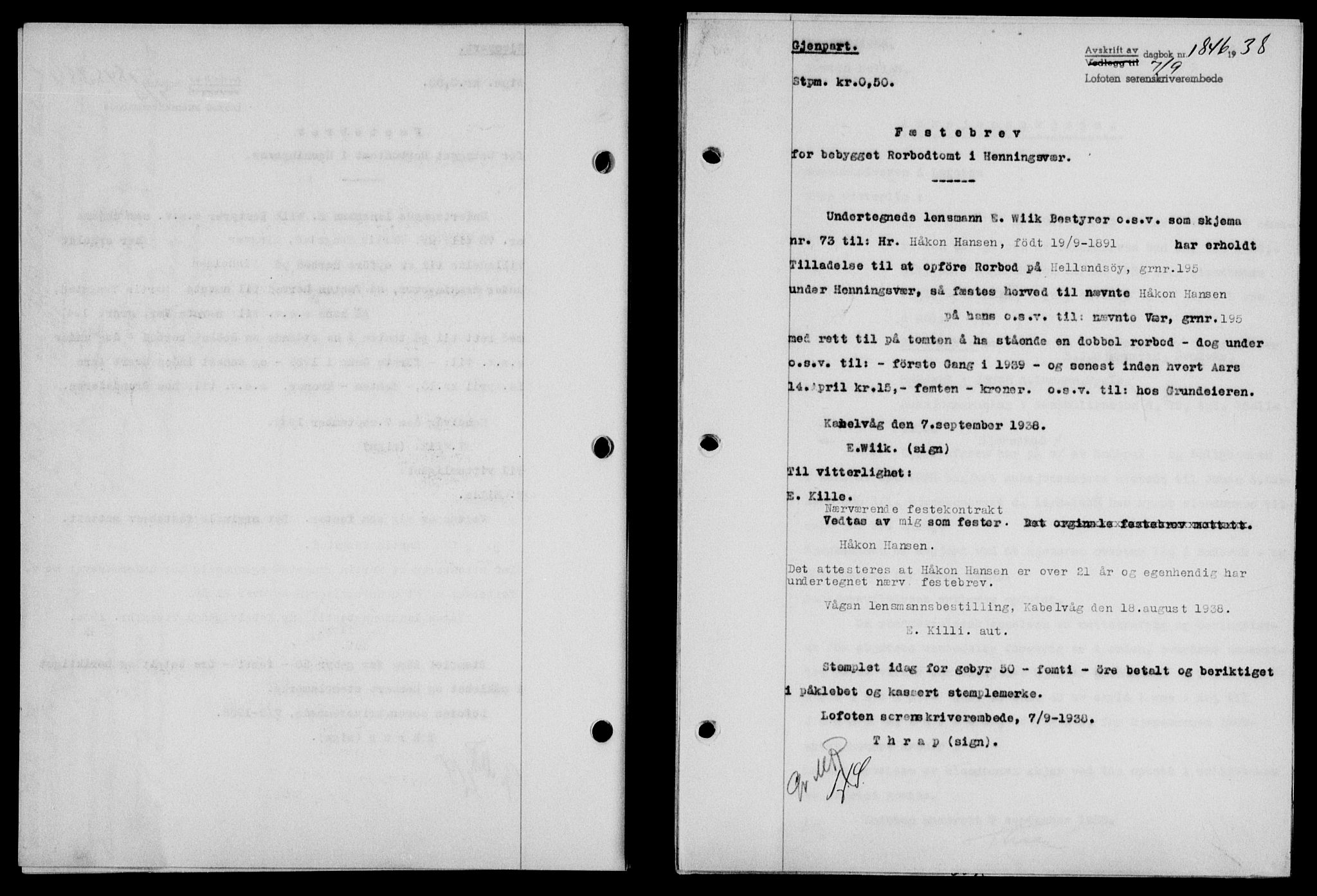 Lofoten sorenskriveri, SAT/A-0017/1/2/2C/L0004a: Mortgage book no. 4a, 1938-1938, Diary no: : 1846/1938