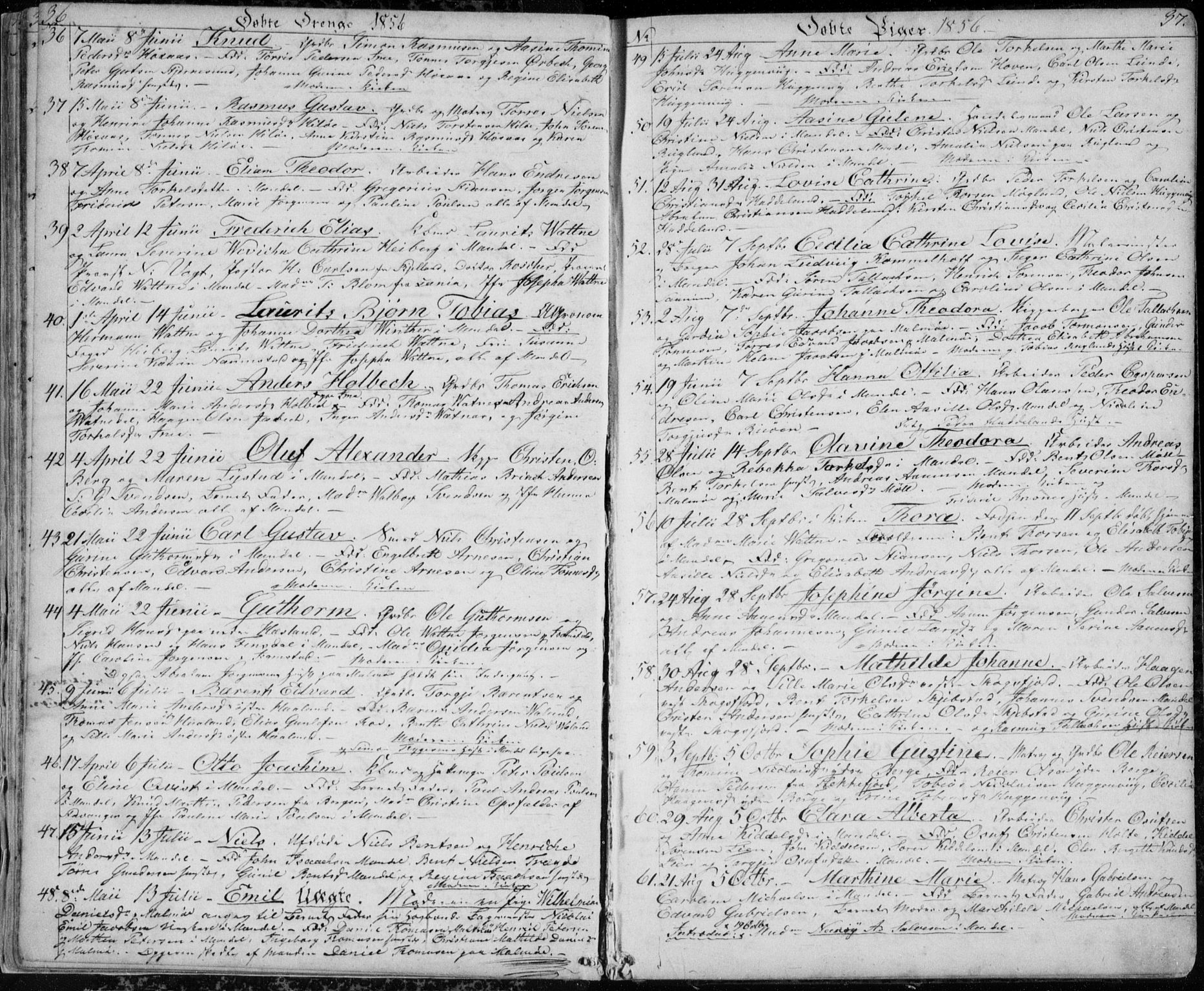 Mandal sokneprestkontor, SAK/1111-0030/F/Fb/Fba/L0008: Parish register (copy) no. B 2, 1854-1868, p. 36-37