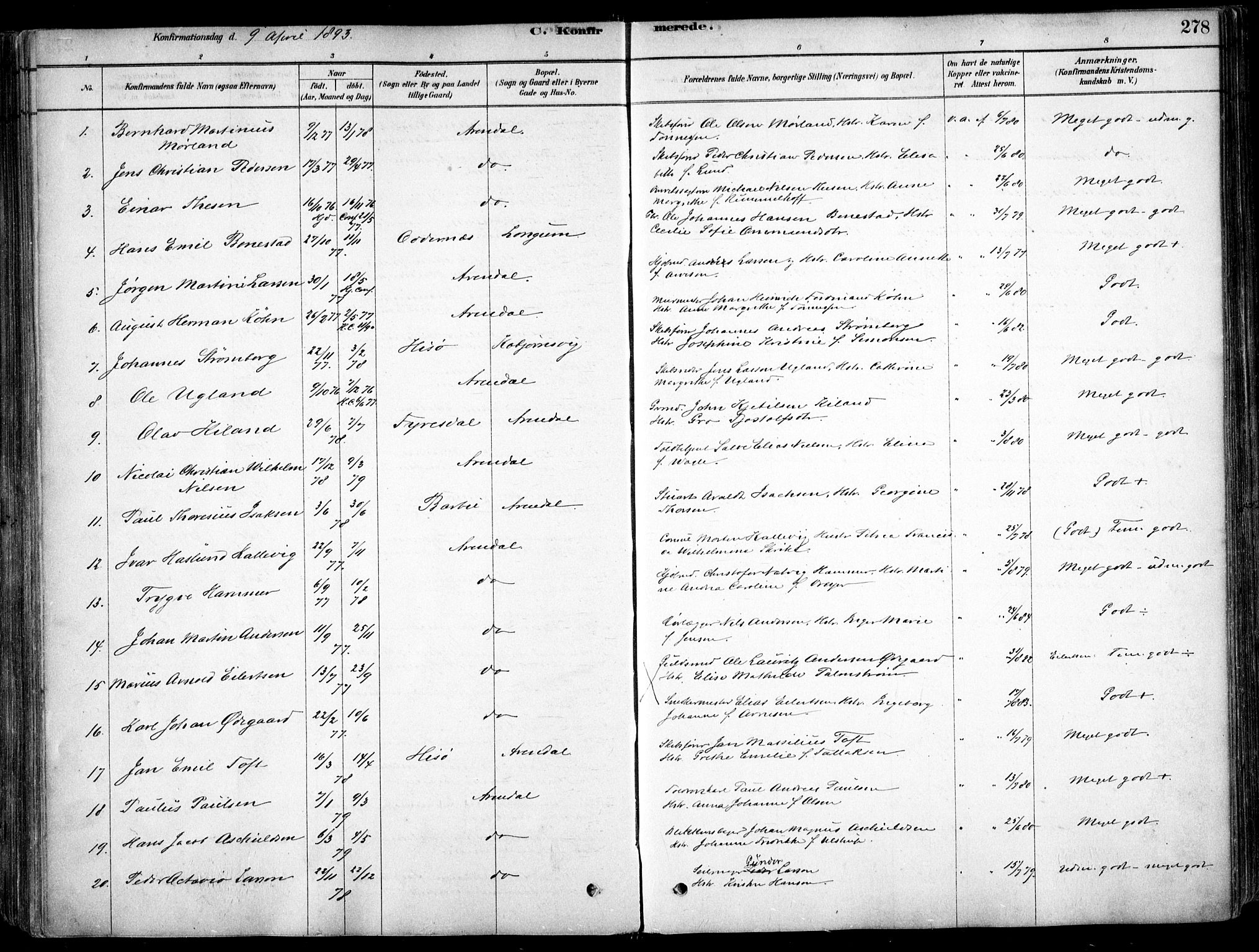 Arendal sokneprestkontor, Trefoldighet, SAK/1111-0040/F/Fa/L0008: Parish register (official) no. A 8, 1878-1899, p. 278