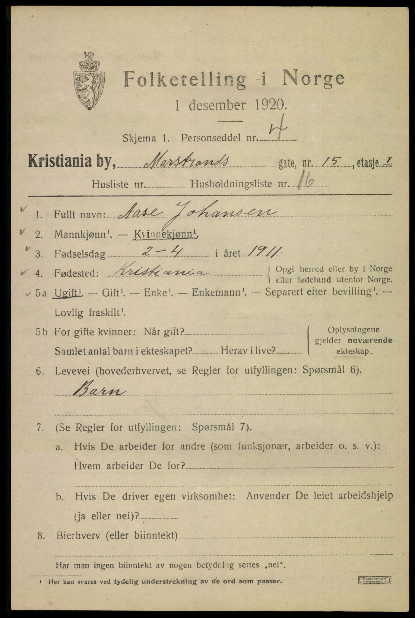 SAO, 1920 census for Kristiania, 1920, p. 392475