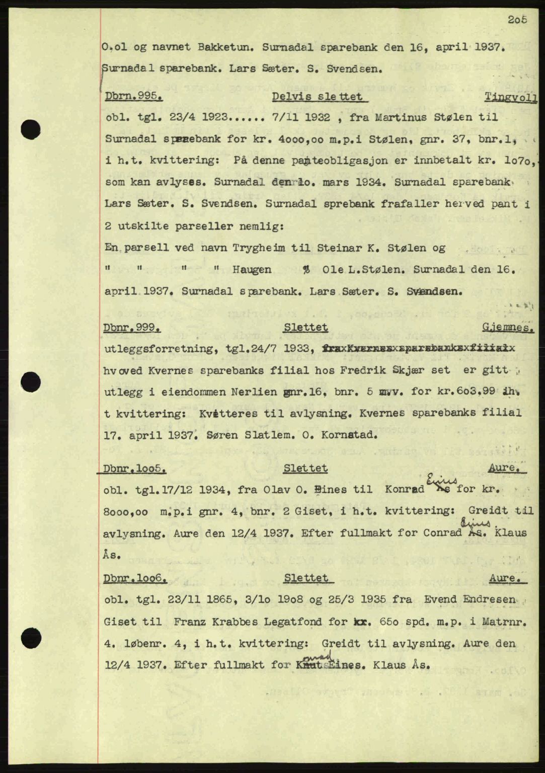 Nordmøre sorenskriveri, AV/SAT-A-4132/1/2/2Ca: Mortgage book no. C80, 1936-1939, Diary no: : 995/1937