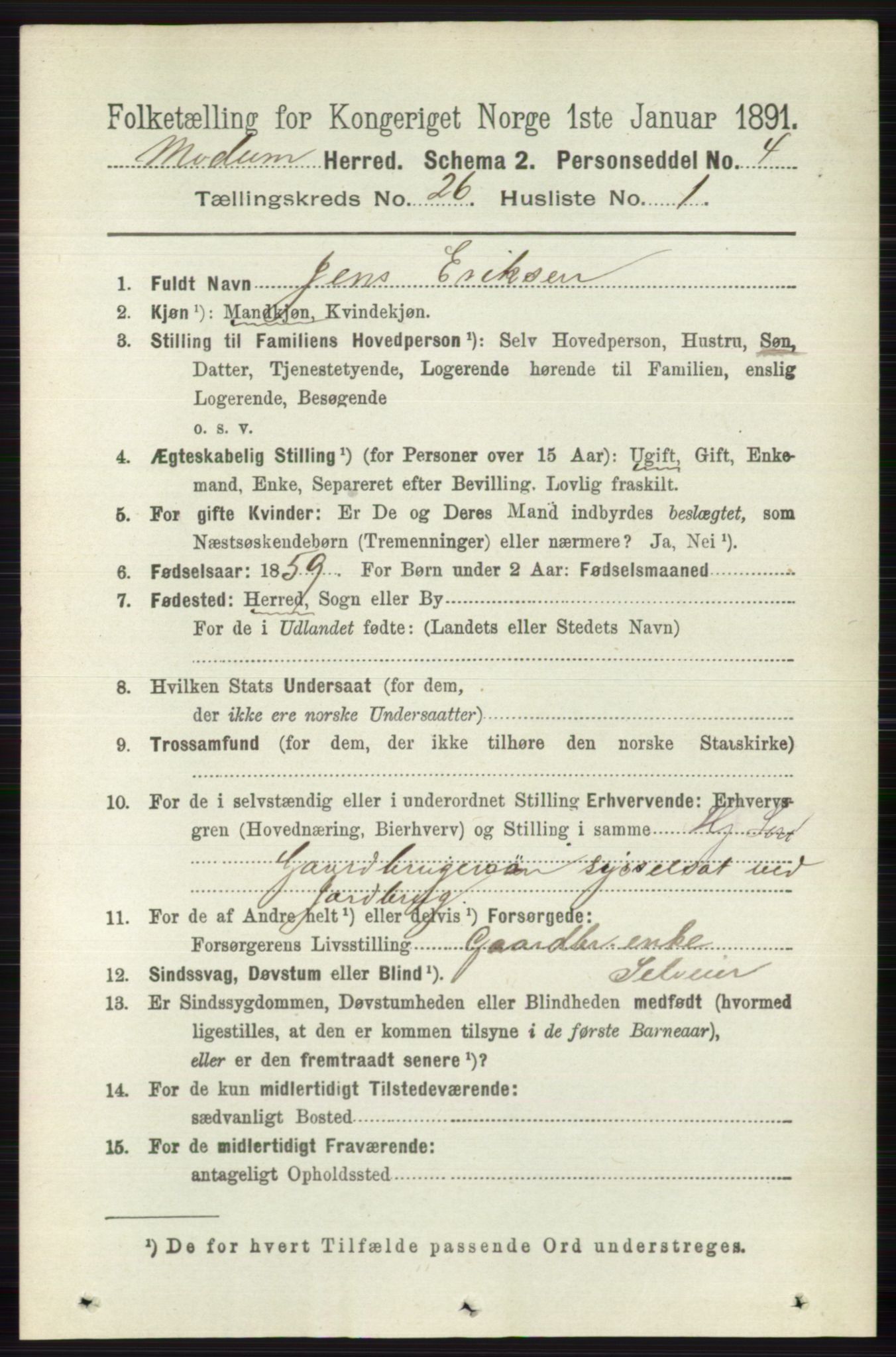 RA, 1891 census for 0623 Modum, 1891, p. 9397