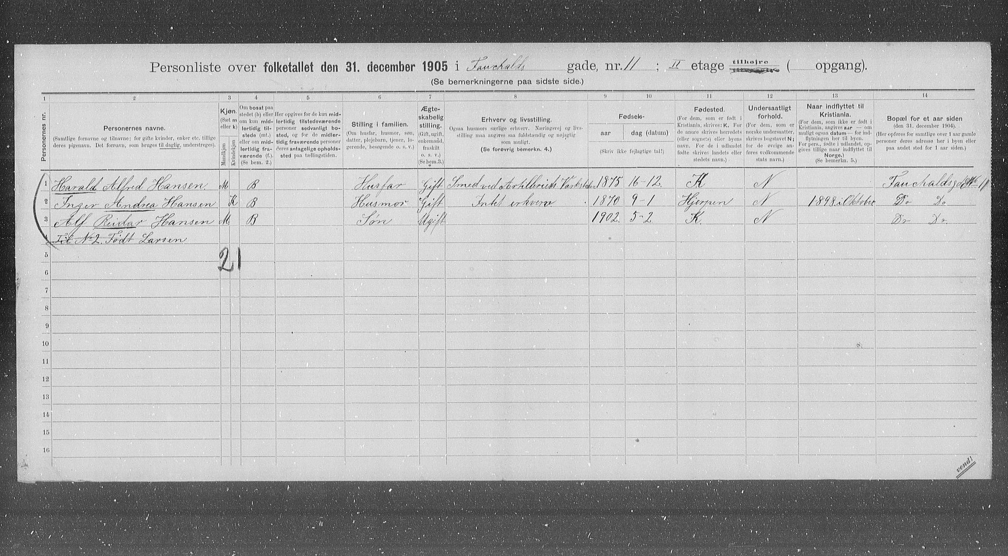 OBA, Municipal Census 1905 for Kristiania, 1905, p. 12421