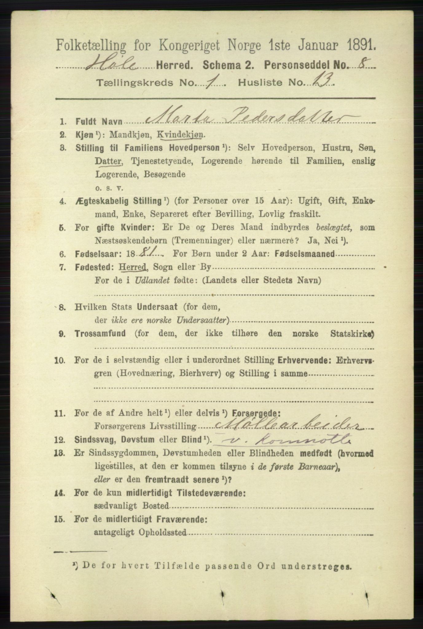 RA, 1891 census for 1128 Høle, 1891, p. 138