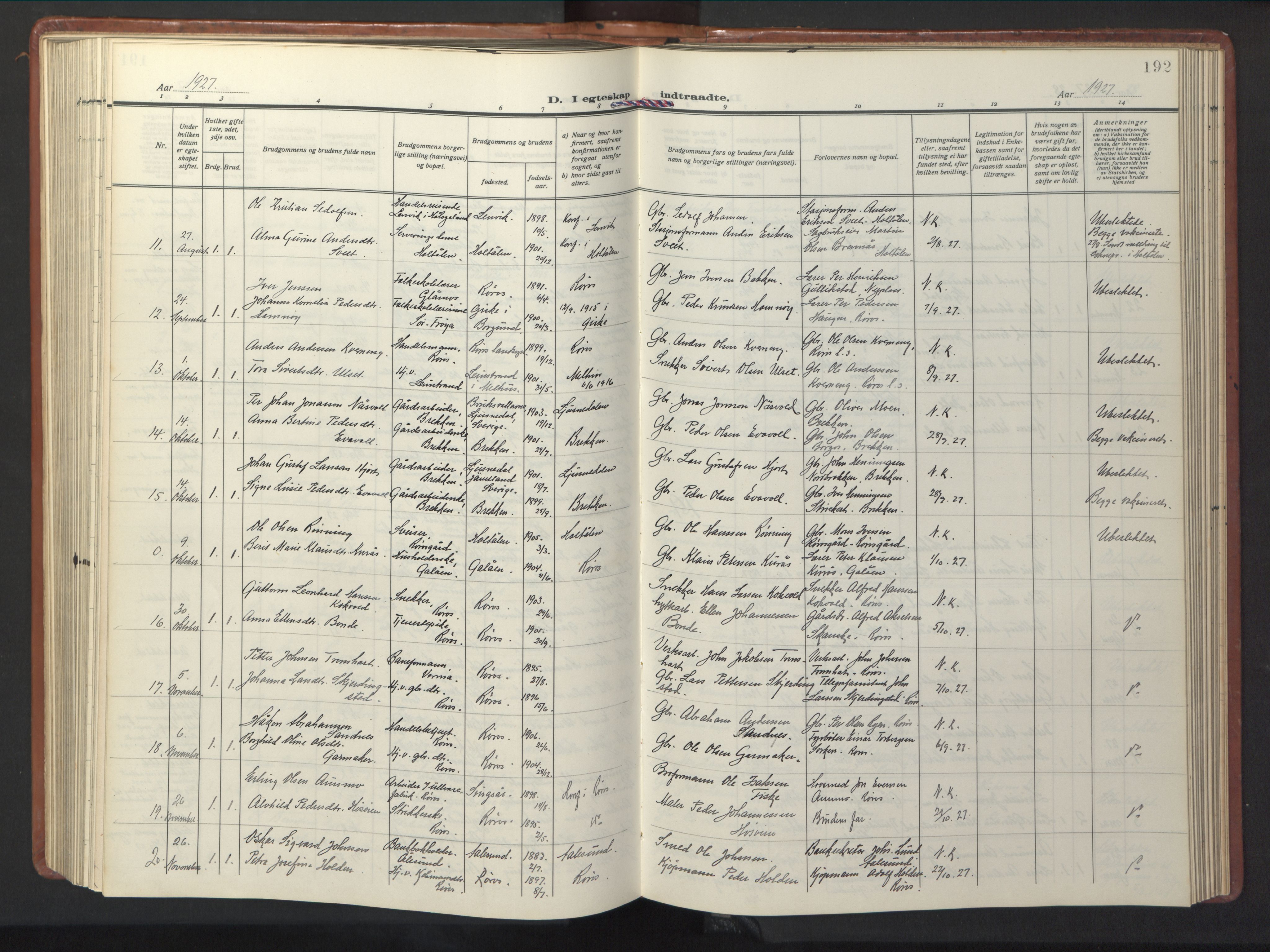 Ministerialprotokoller, klokkerbøker og fødselsregistre - Sør-Trøndelag, SAT/A-1456/681/L0943: Parish register (copy) no. 681C07, 1926-1954, p. 192