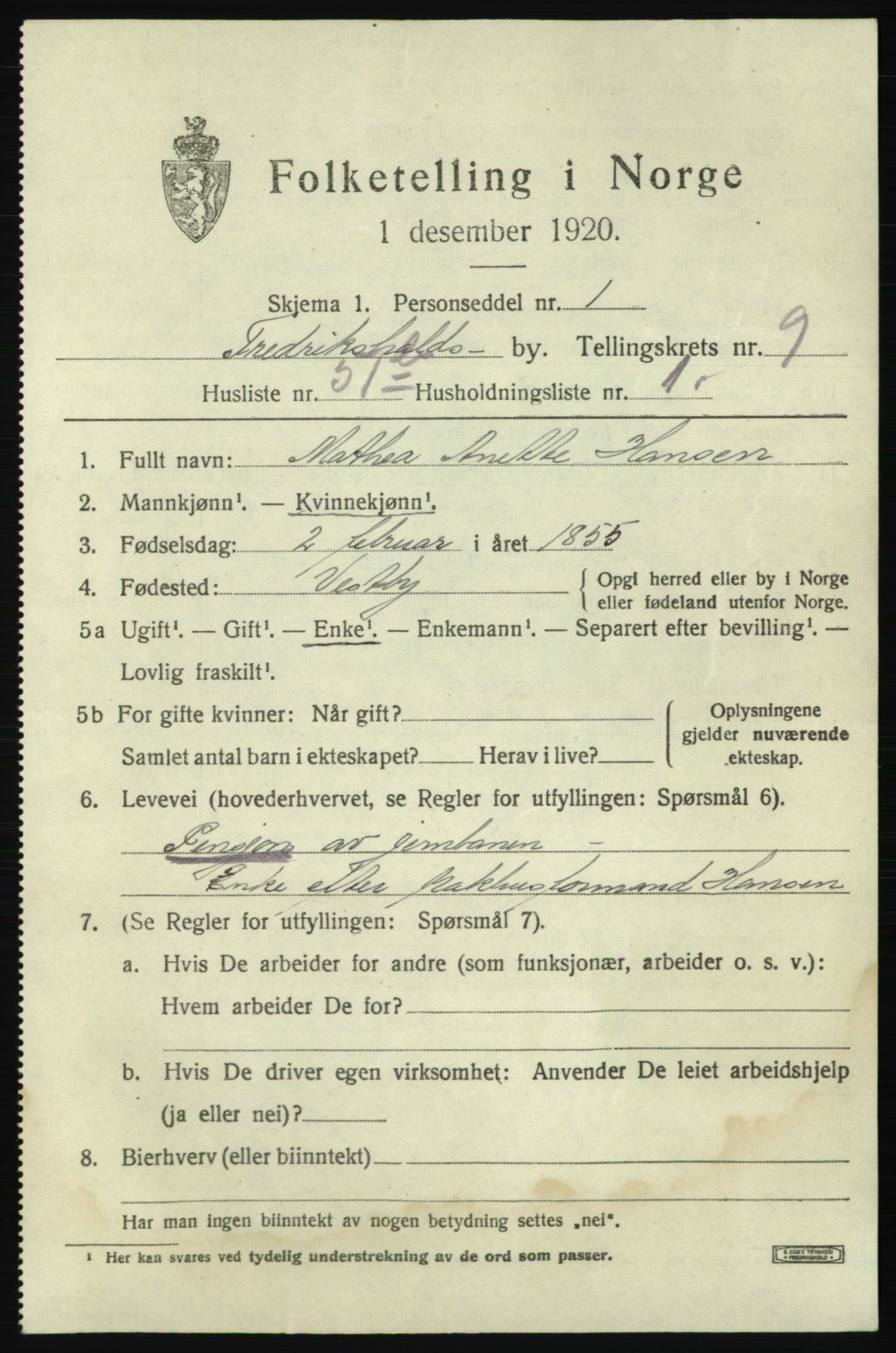 SAO, 1920 census for Fredrikshald, 1920, p. 17183