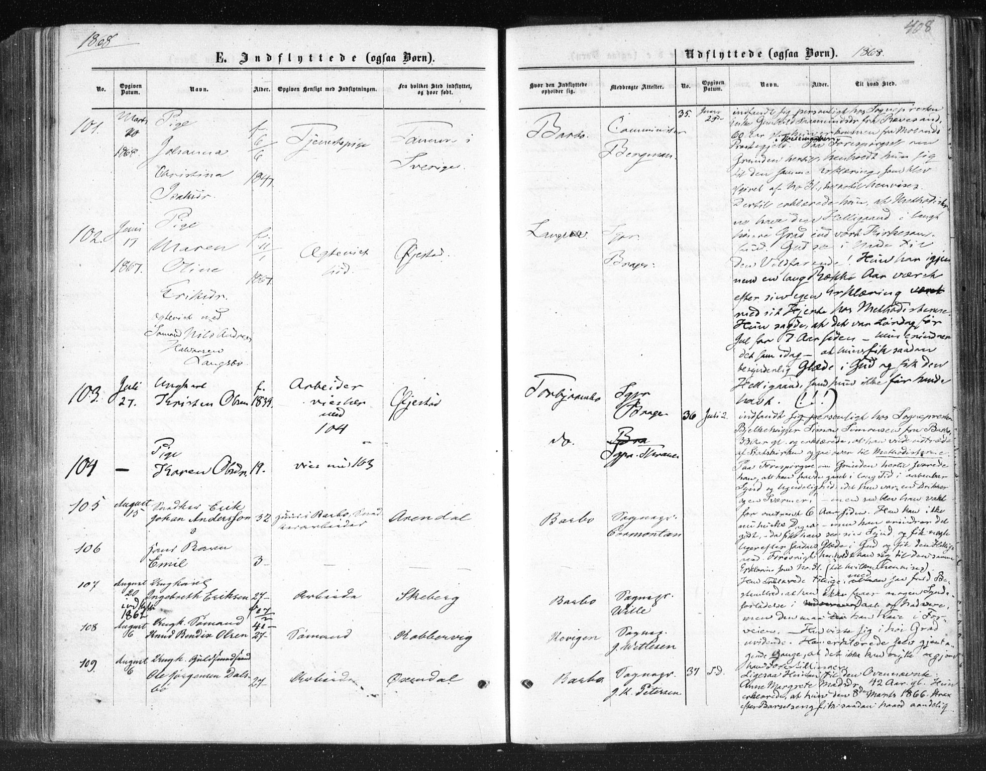 Tromøy sokneprestkontor, SAK/1111-0041/F/Fa/L0007: Parish register (official) no. A 7, 1864-1869, p. 408