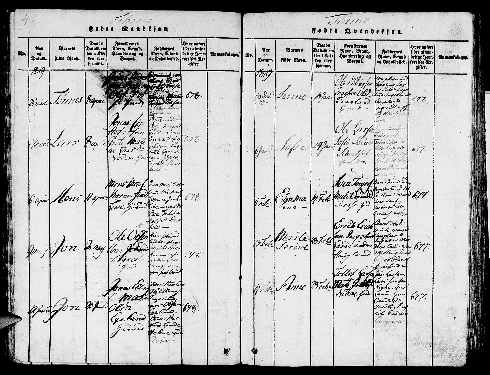 Lye sokneprestkontor, AV/SAST-A-101794/001/30/30BA/L0003: Parish register (official) no. A 3 /1, 1816-1826, p. 45-46