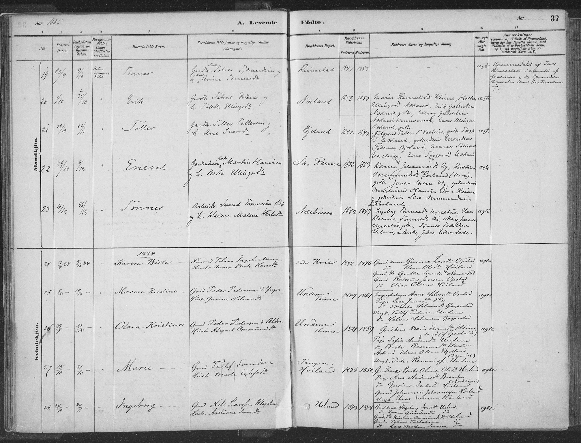 Hå sokneprestkontor, SAST/A-101801/001/30BA/L0010: Parish register (official) no. A 9, 1879-1896, p. 37