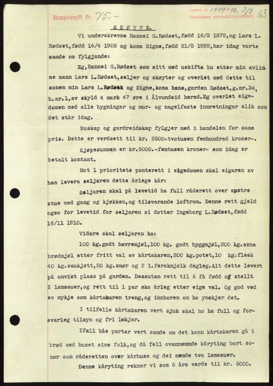 Nordmøre sorenskriveri, AV/SAT-A-4132/1/2/2Ca: Mortgage book no. A102, 1946-1946, Diary no: : 1449/1946