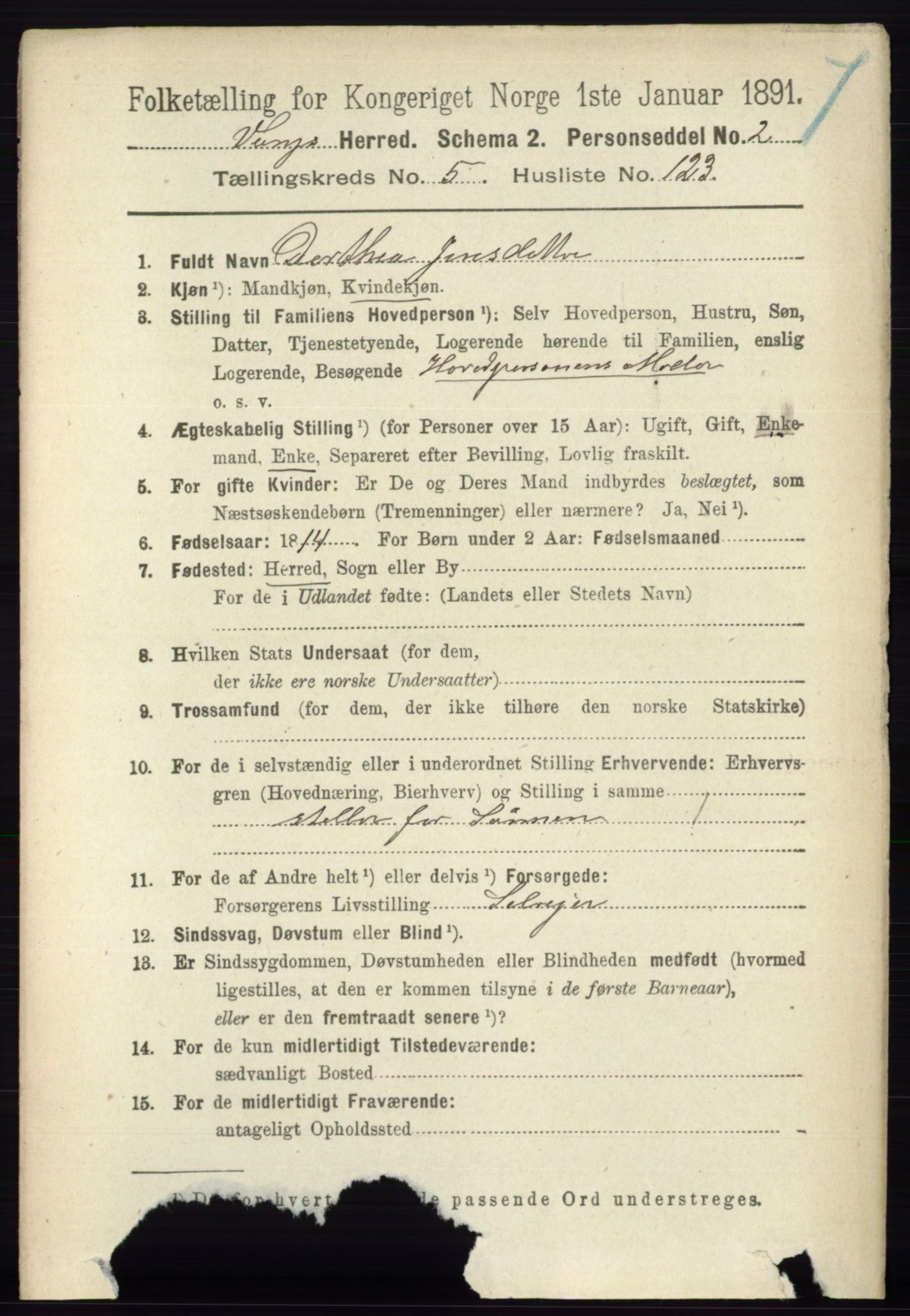 RA, 1891 census for 0414 Vang, 1891, p. 4166