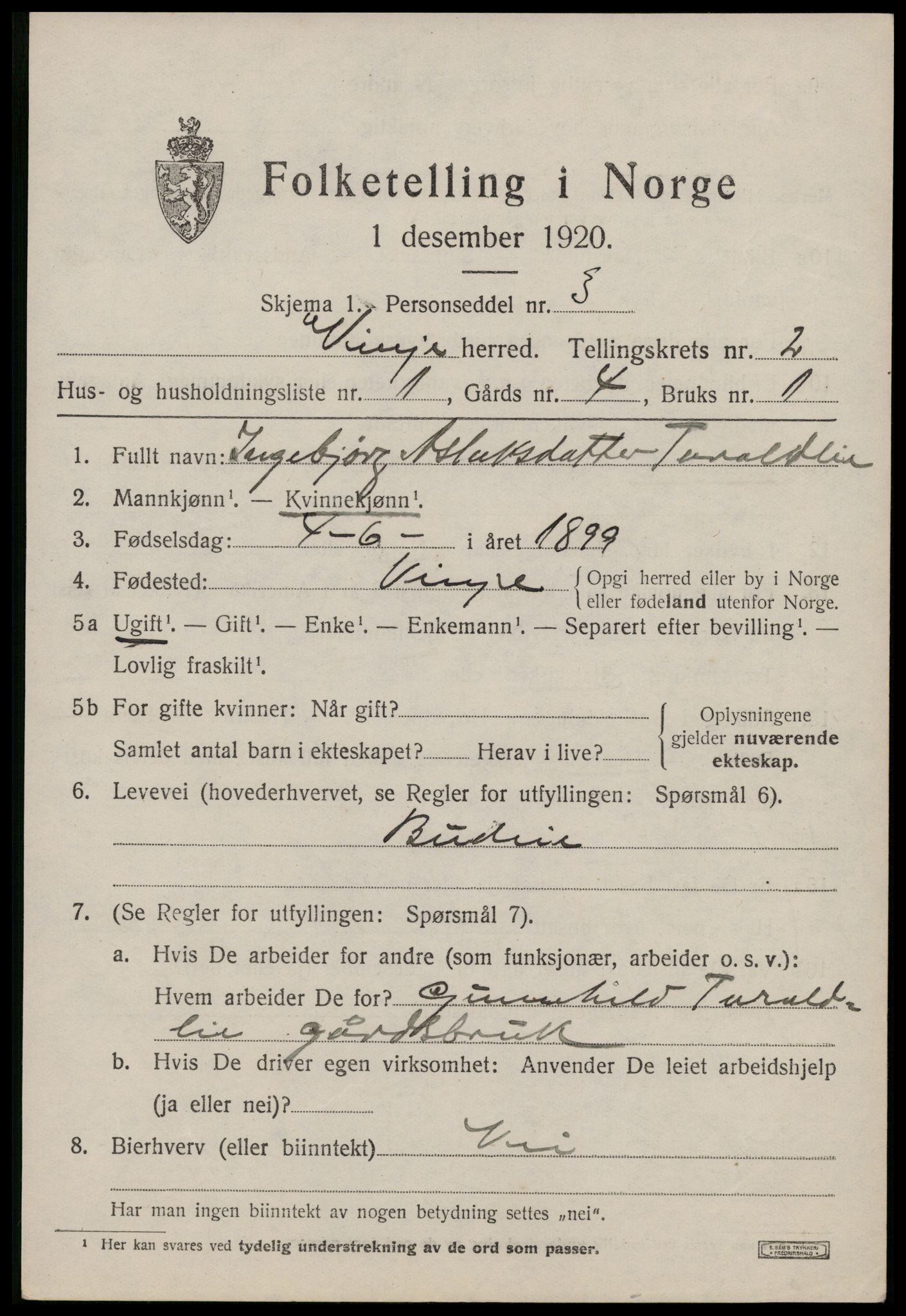 SAKO, 1920 census for Vinje, 1920, p. 887