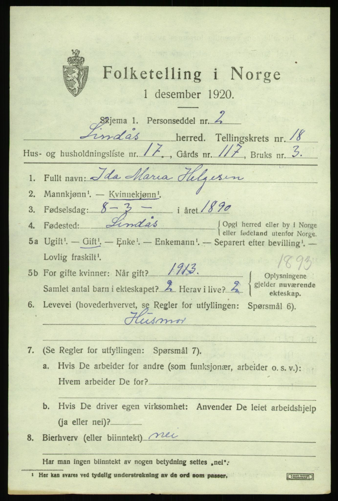 SAB, 1920 census for Lindås, 1920, p. 9467
