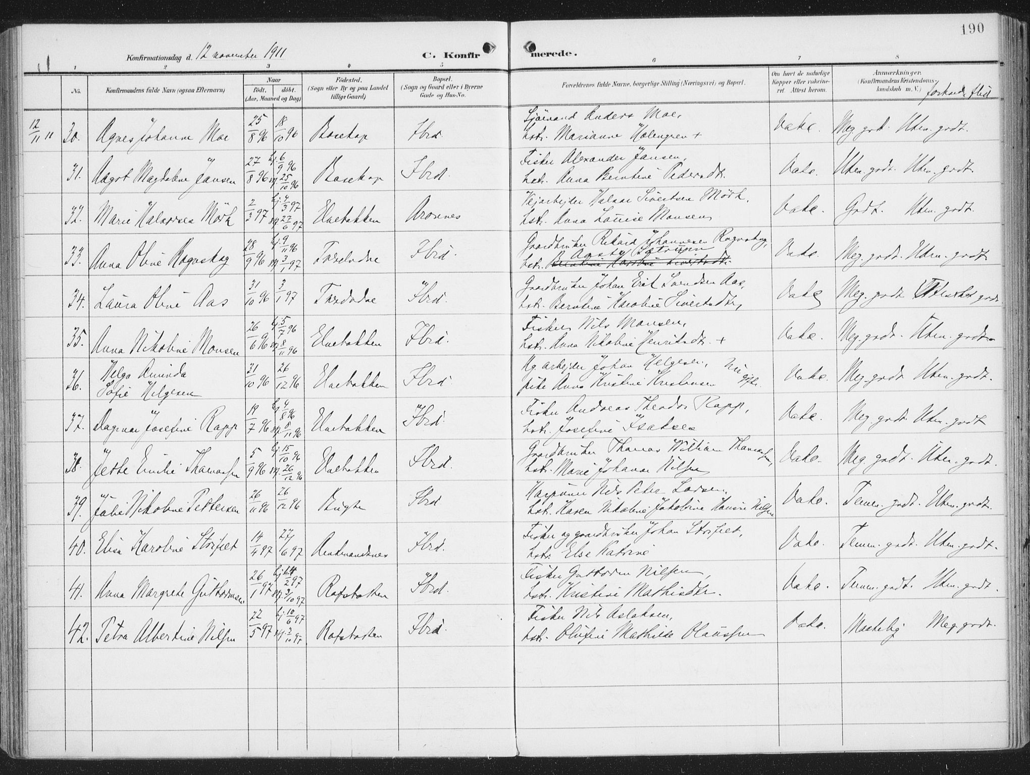 Alta sokneprestkontor, SATØ/S-1338/H/Ha/L0005.kirke: Parish register (official) no. 5, 1904-1918, p. 190