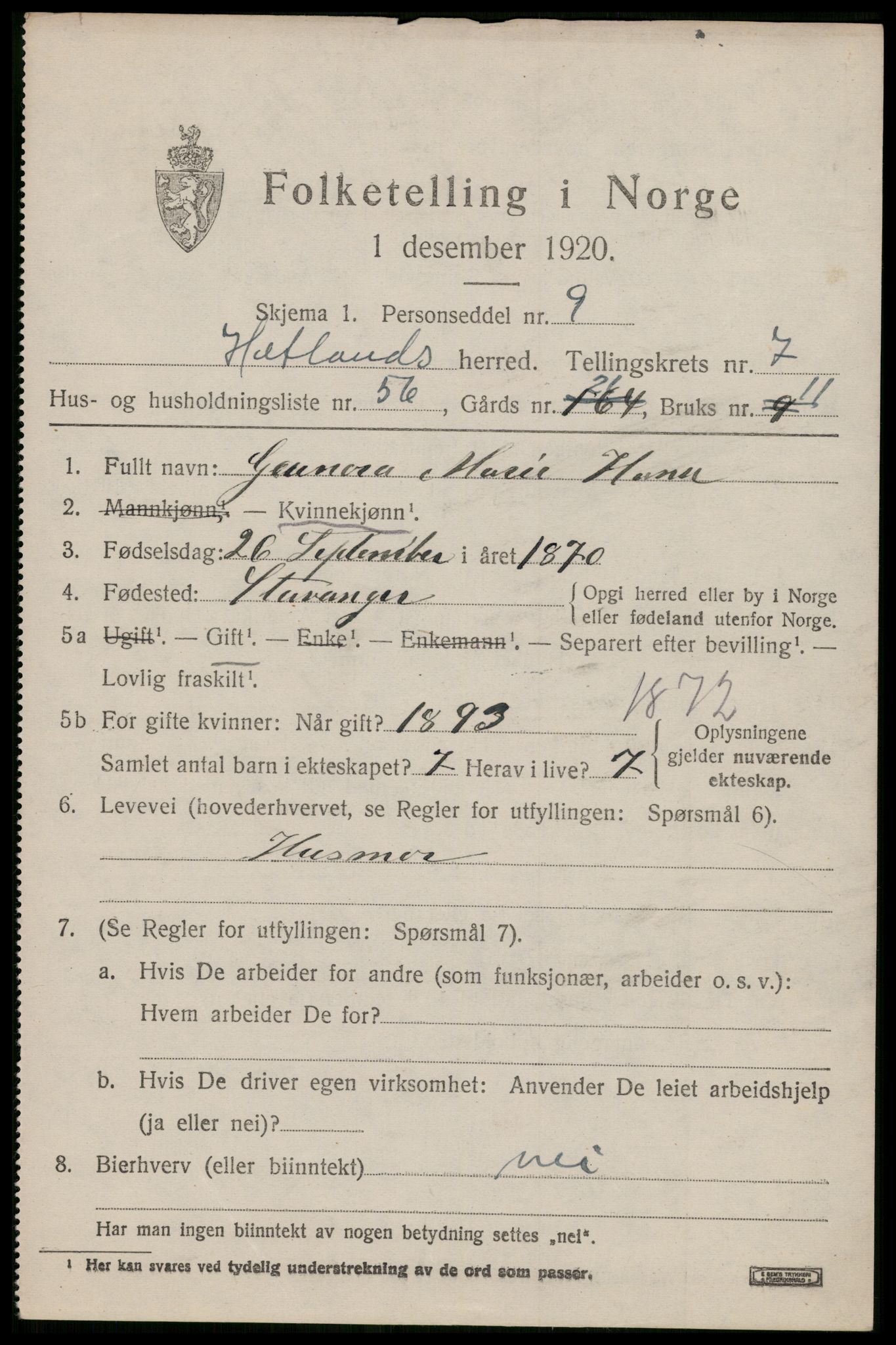 SAST, 1920 census for Hetland, 1920, p. 14671