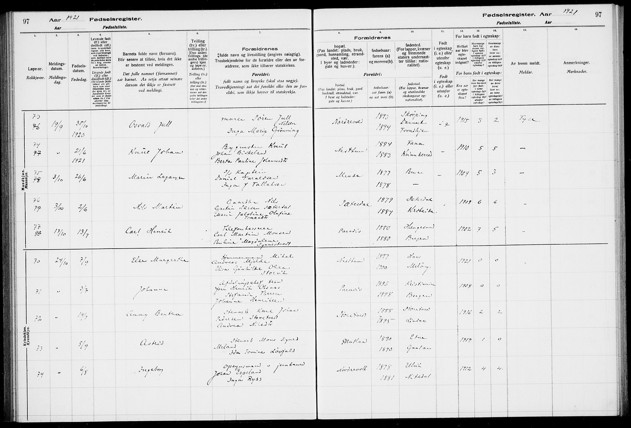 Birkeland Sokneprestembete, SAB/A-74601/I/Id/L00A1: Birth register no. A 1, 1916-1926, p. 97