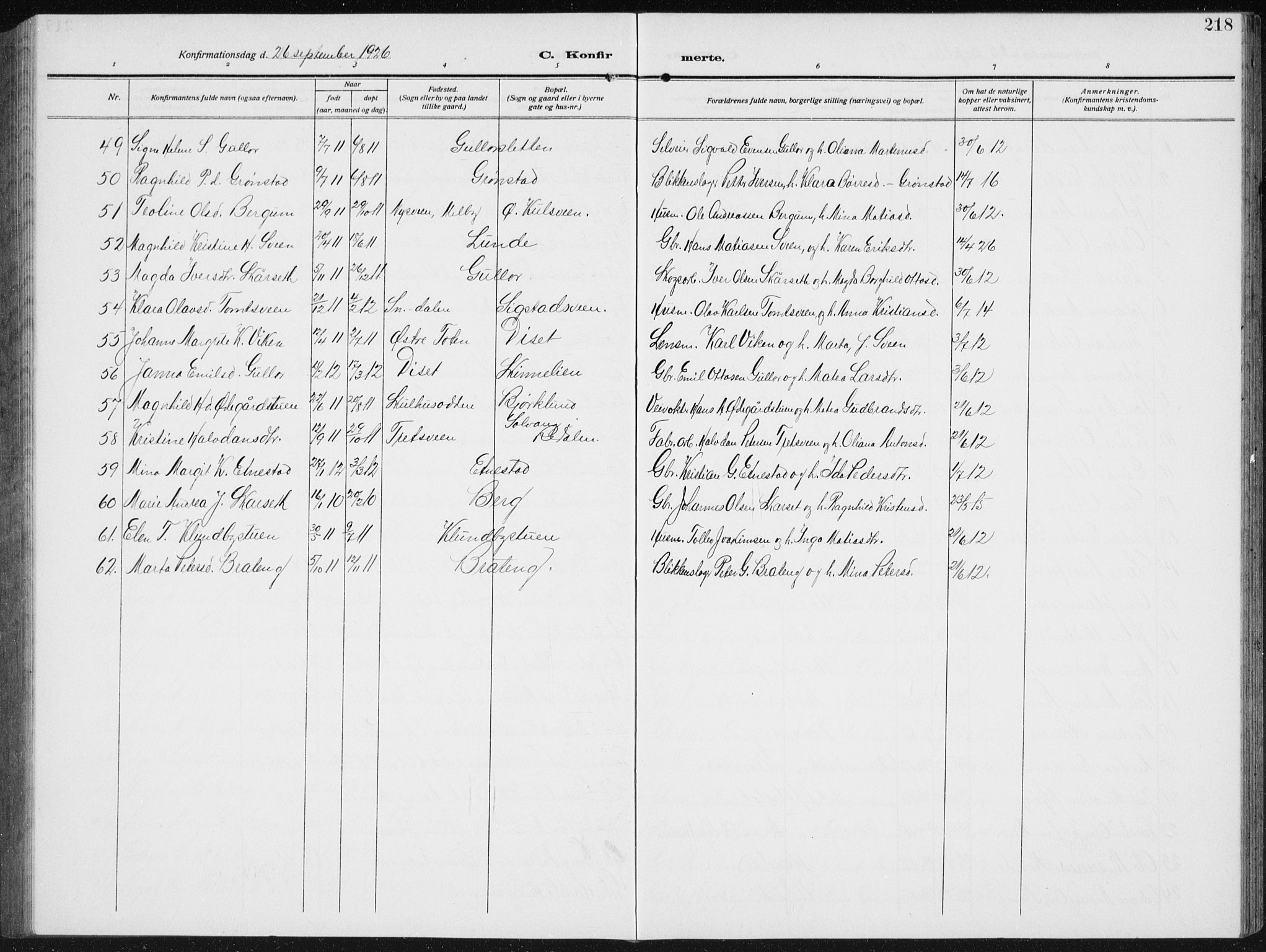 Biri prestekontor, AV/SAH-PREST-096/H/Ha/Hab/L0006: Parish register (copy) no. 6, 1909-1938, p. 218