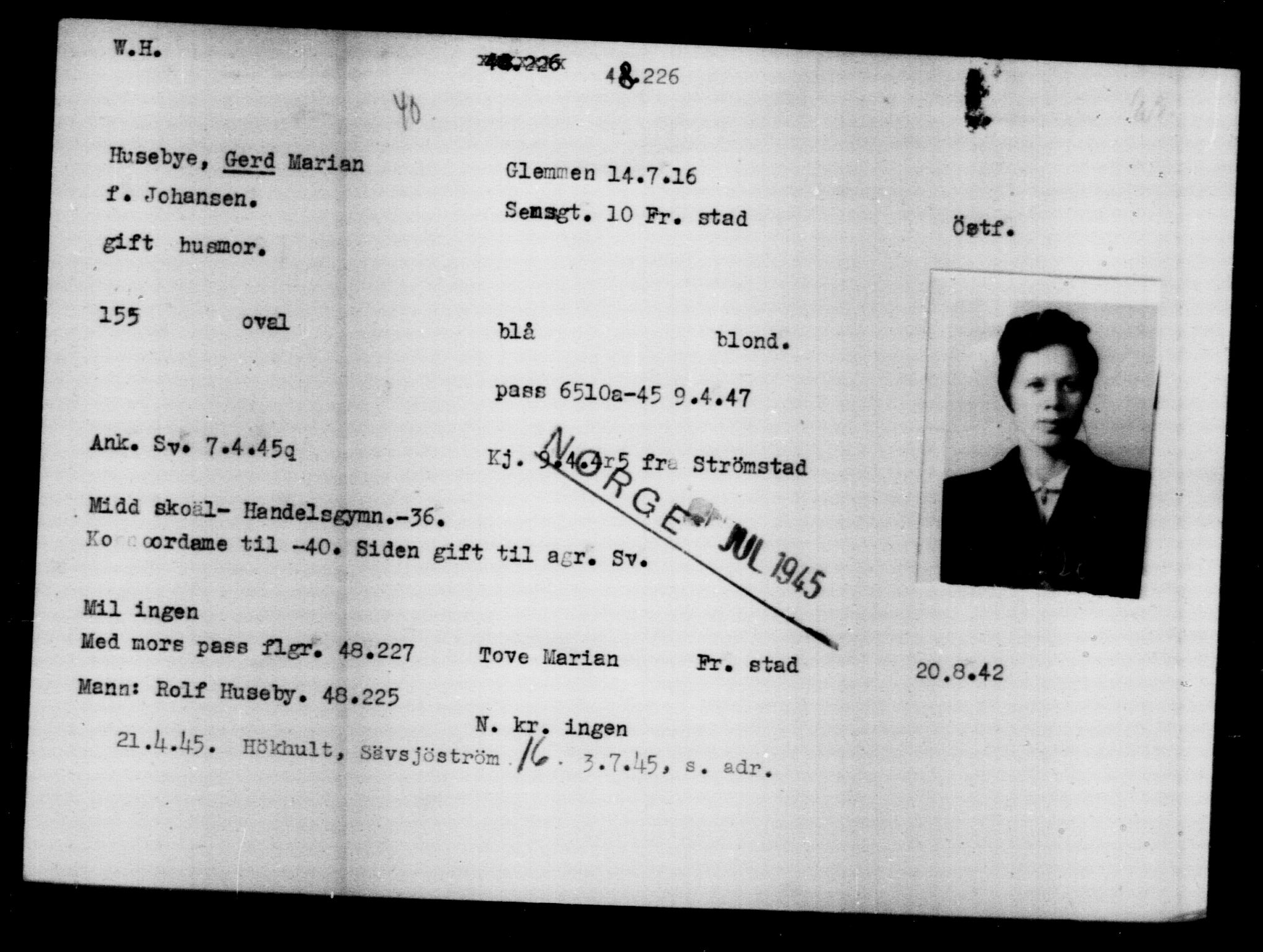 Utenriksstasjonene, Legasjonen i Stockholm, Flyktningkontoret, AV/RA-S-6753/V/Va/L0018: Kjesäterkartoteket, flyktninger med registreringsnr. 46200 og 46300-49603, 1940-1945, p. 2016