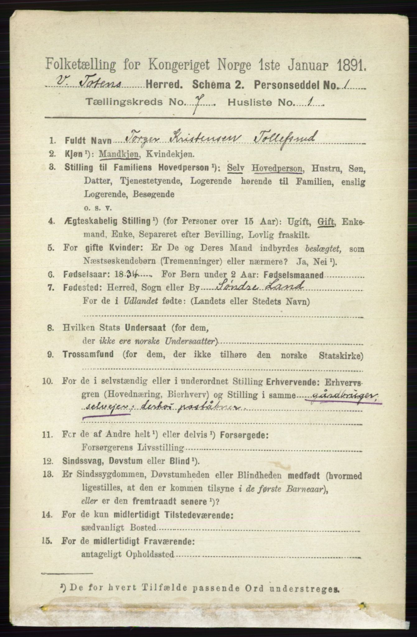 RA, 1891 census for 0529 Vestre Toten, 1891, p. 4375