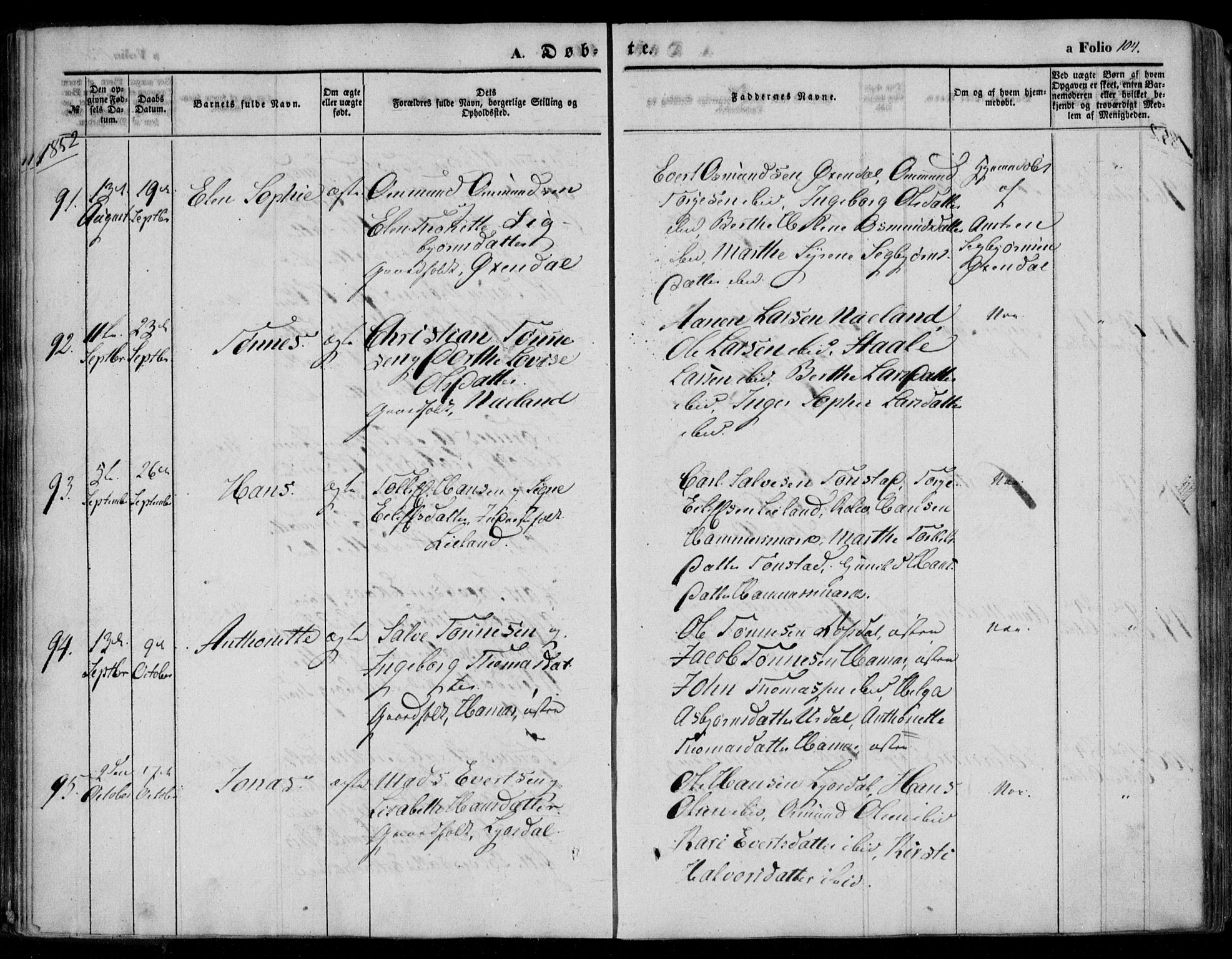 Bakke sokneprestkontor, AV/SAK-1111-0002/F/Fa/Faa/L0005: Parish register (official) no. A 5, 1847-1855, p. 104