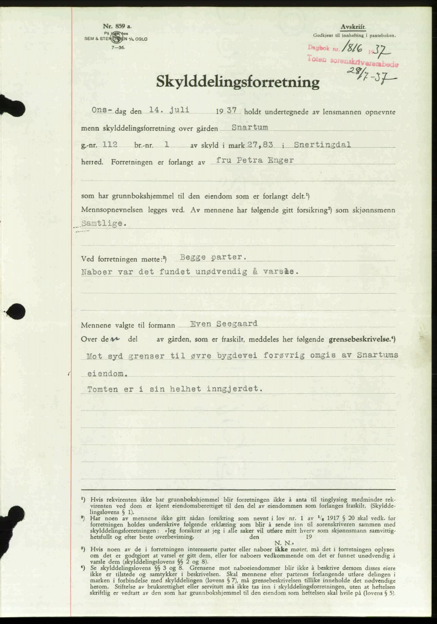 Toten tingrett, SAH/TING-006/H/Hb/Hbc/L0003: Mortgage book no. Hbc-03, 1937-1938, Diary no: : 1816/1937