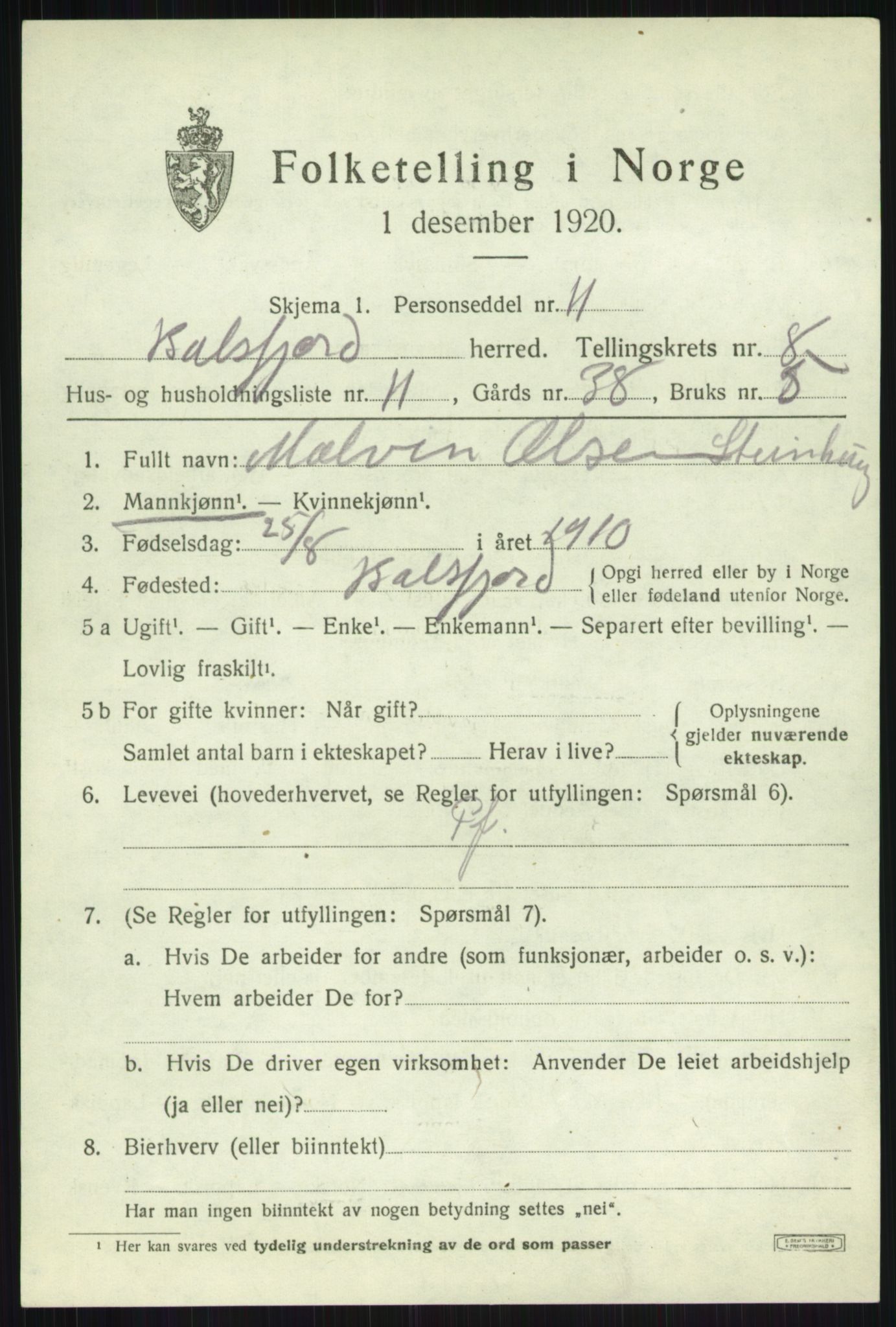 SATØ, 1920 census for Balsfjord, 1920, p. 4635