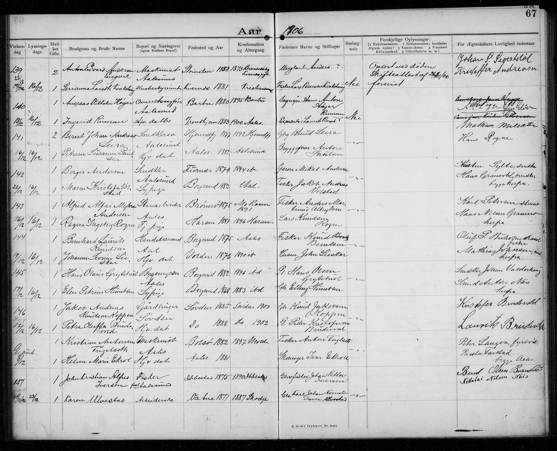 Ministerialprotokoller, klokkerbøker og fødselsregistre - Møre og Romsdal, AV/SAT-A-1454/529/L0458: Banns register no. 529A08, 1901-1918, p. 67