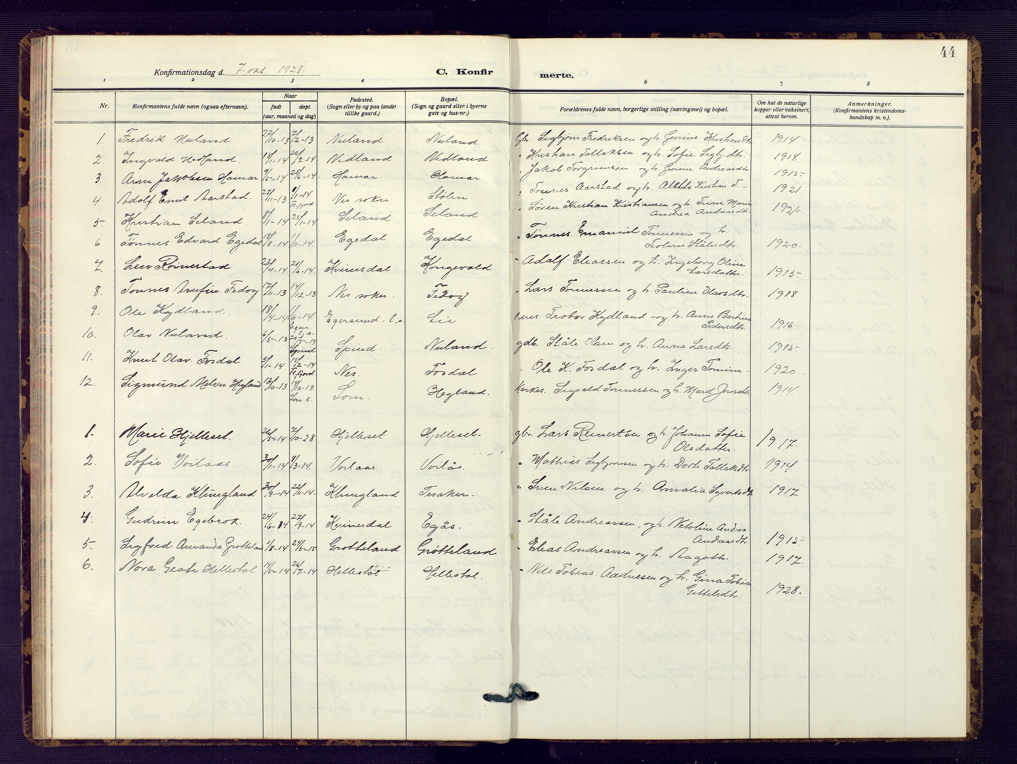 Bakke sokneprestkontor, SAK/1111-0002/F/Fb/Fbb/L0005: Parish register (copy) no. B 5, 1927-1947, p. 44