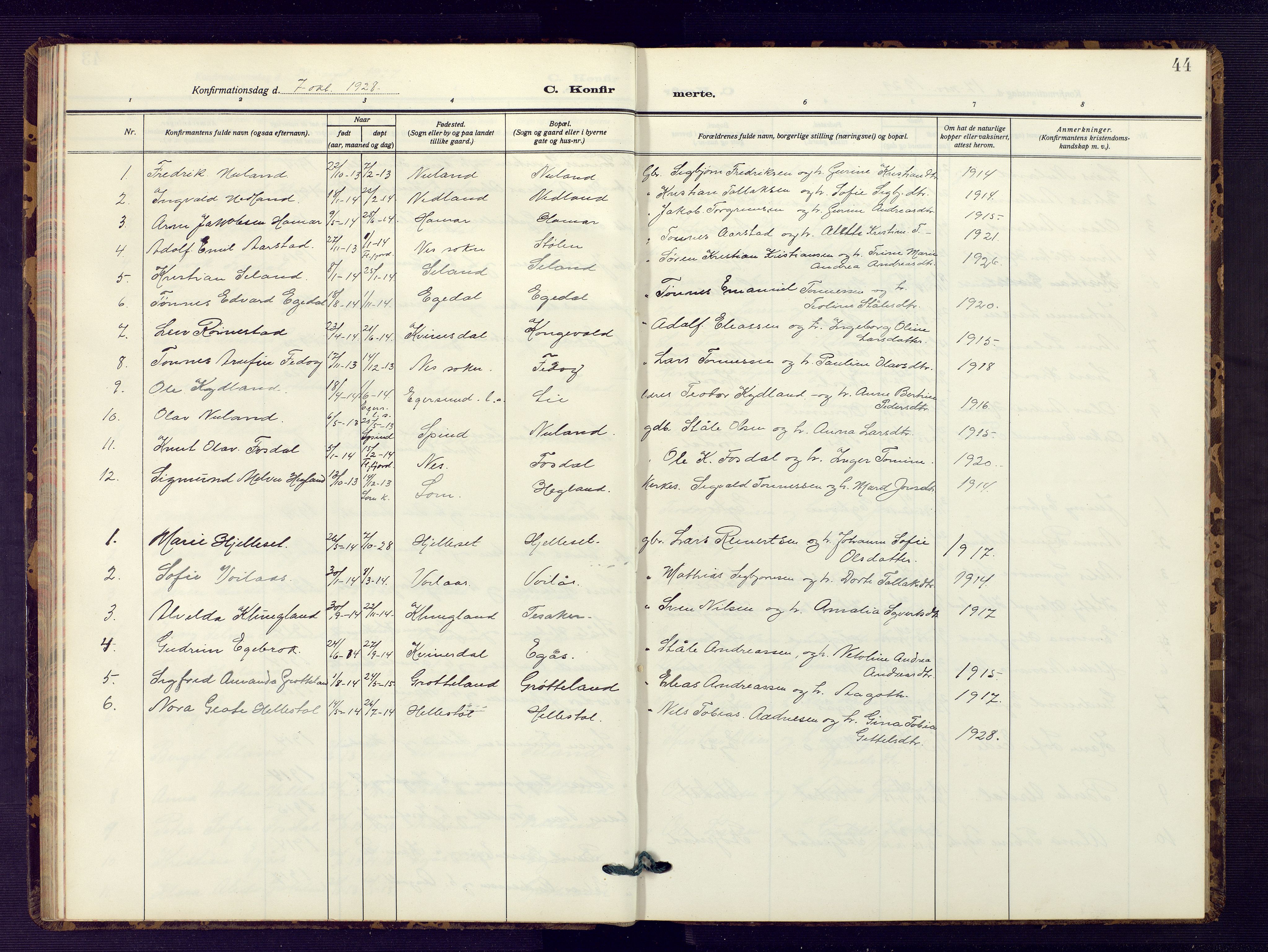 Bakke sokneprestkontor, AV/SAK-1111-0002/F/Fb/Fbb/L0005: Parish register (copy) no. B 5, 1927-1947, p. 44