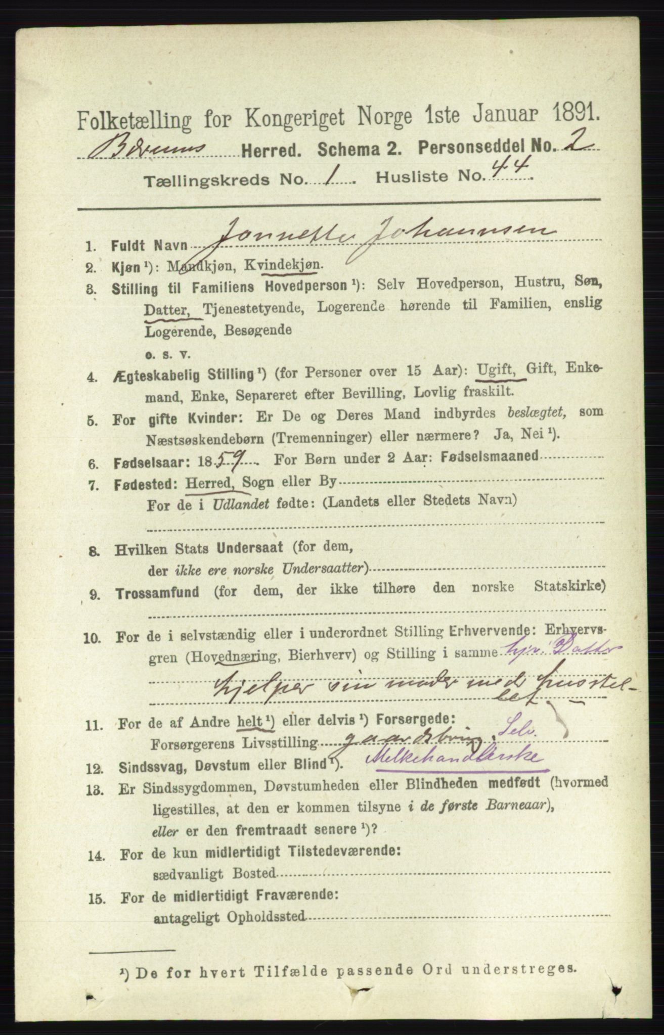 RA, 1891 census for 0219 Bærum, 1891, p. 546