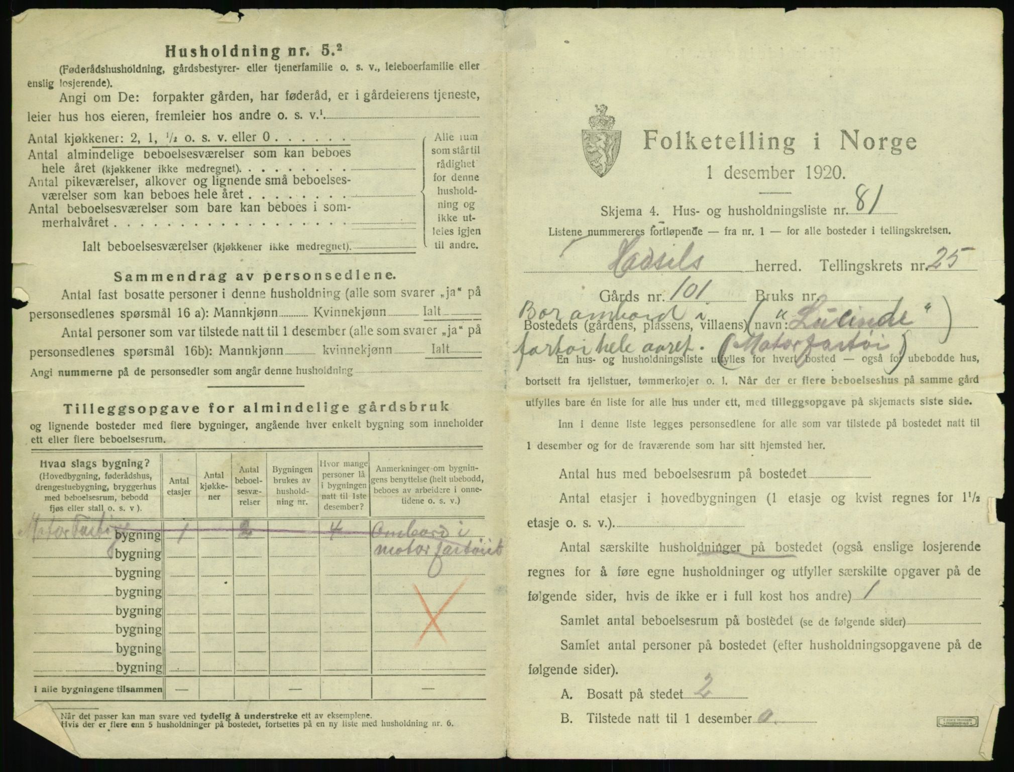 SAT, 1920 census for Hadsel, 1920, p. 3392