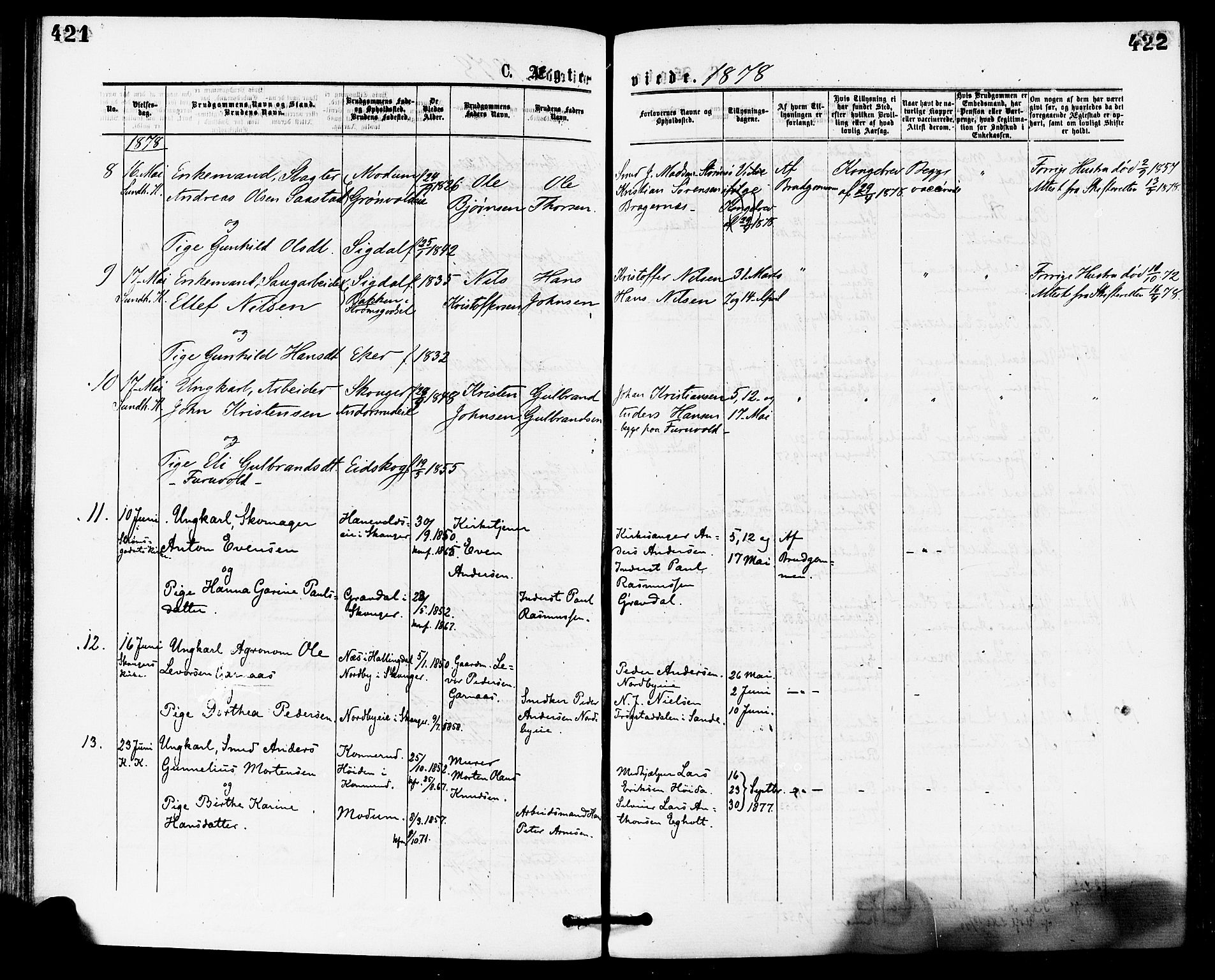 Skoger kirkebøker, AV/SAKO-A-59/F/Fa/L0005: Parish register (official) no. I 5, 1873-1884, p. 421-422