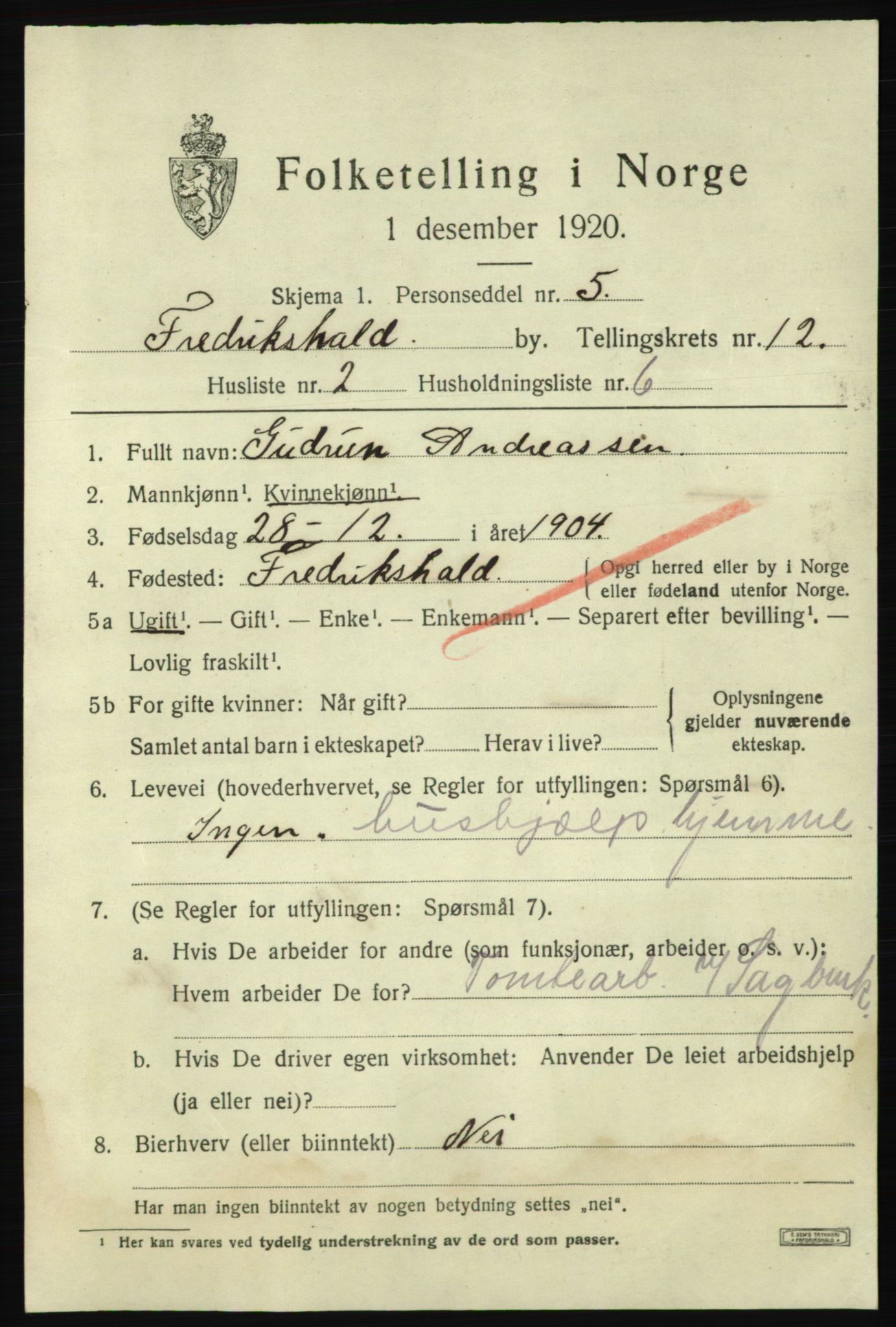 SAO, 1920 census for Fredrikshald, 1920, p. 19893