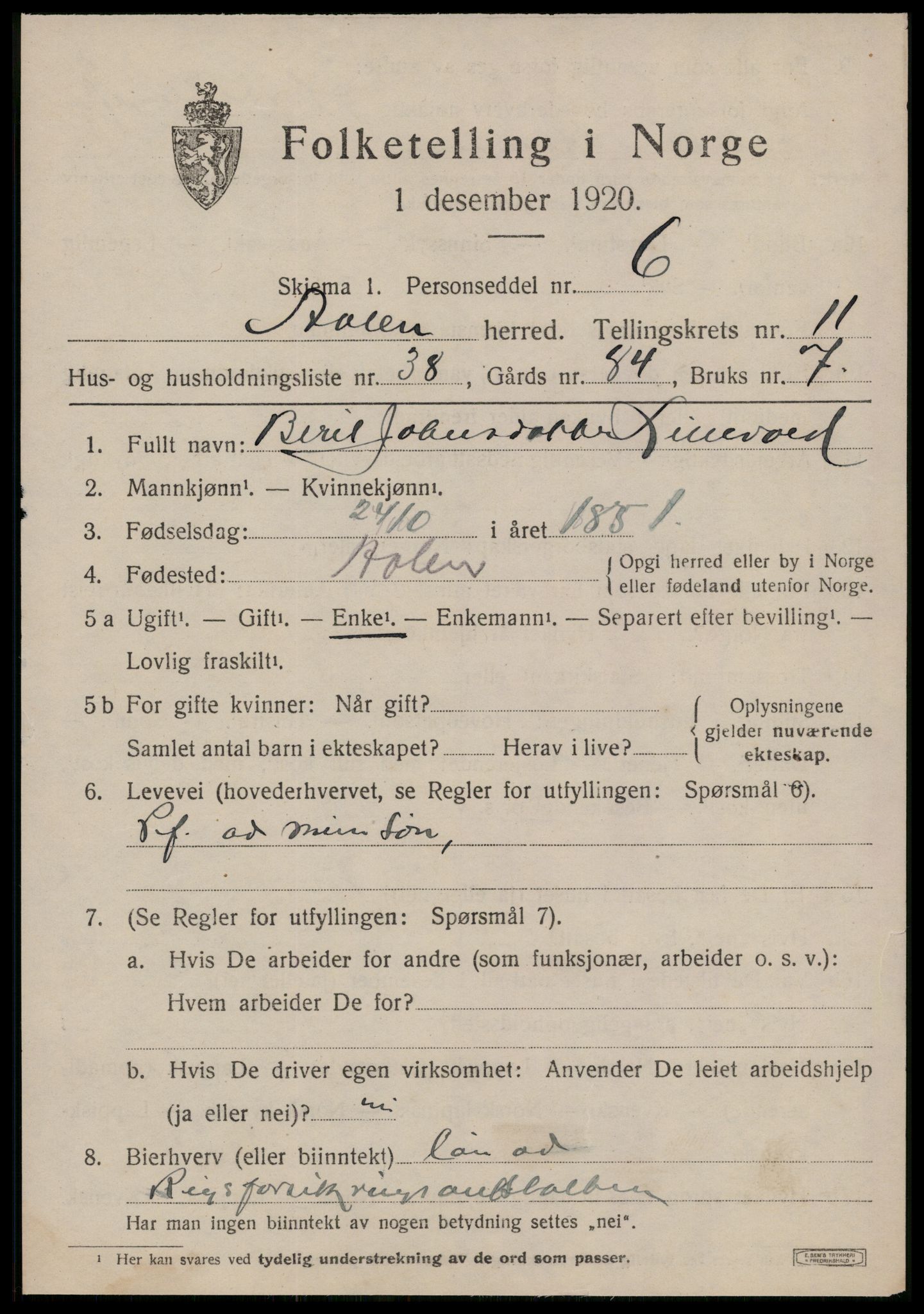 SAT, 1920 census for Ålen, 1920, p. 5718