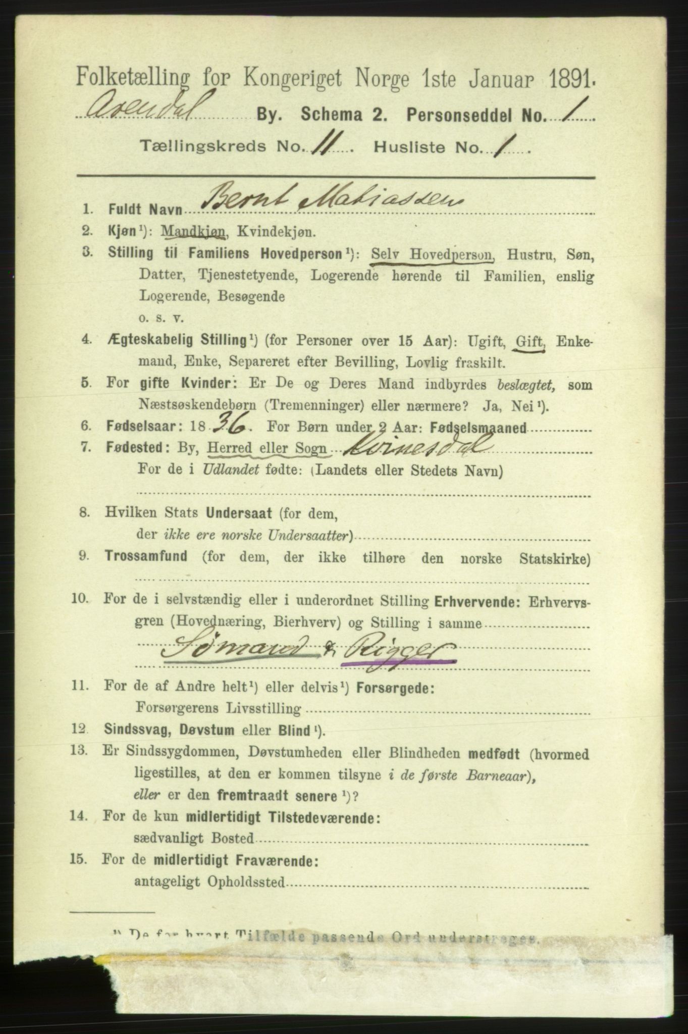 RA, 1891 census for 0903 Arendal, 1891, p. 3849