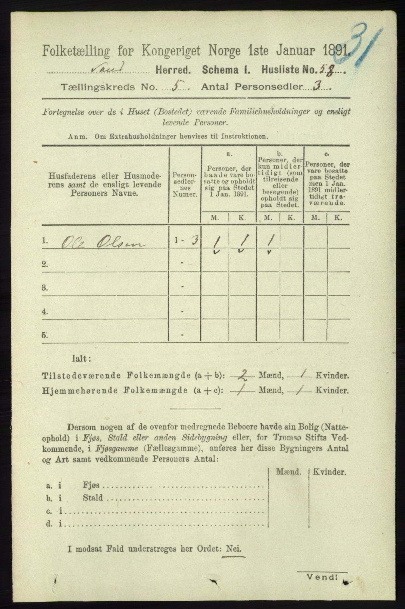 RA, 1891 census for 1136 Sand, 1891, p. 1542