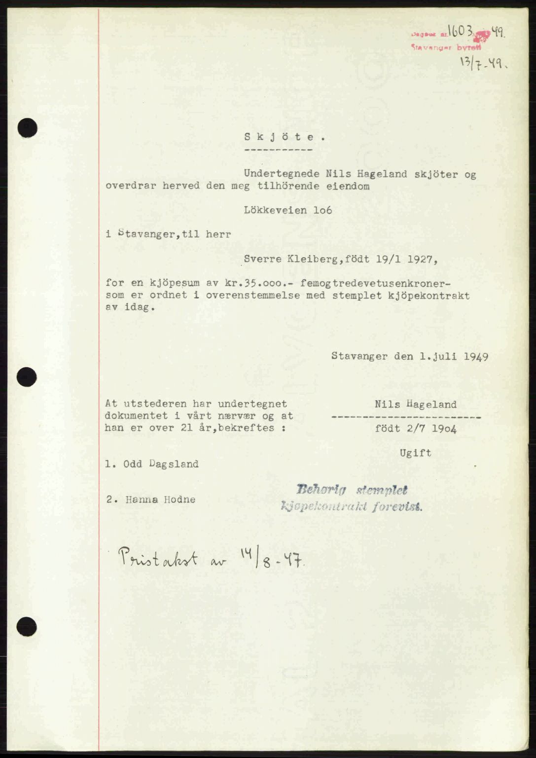 Stavanger byrett, SAST/A-100455/002/G/Gb/L0023: Mortgage book no. A12, 1948-1949, Diary no: : 1603/1949