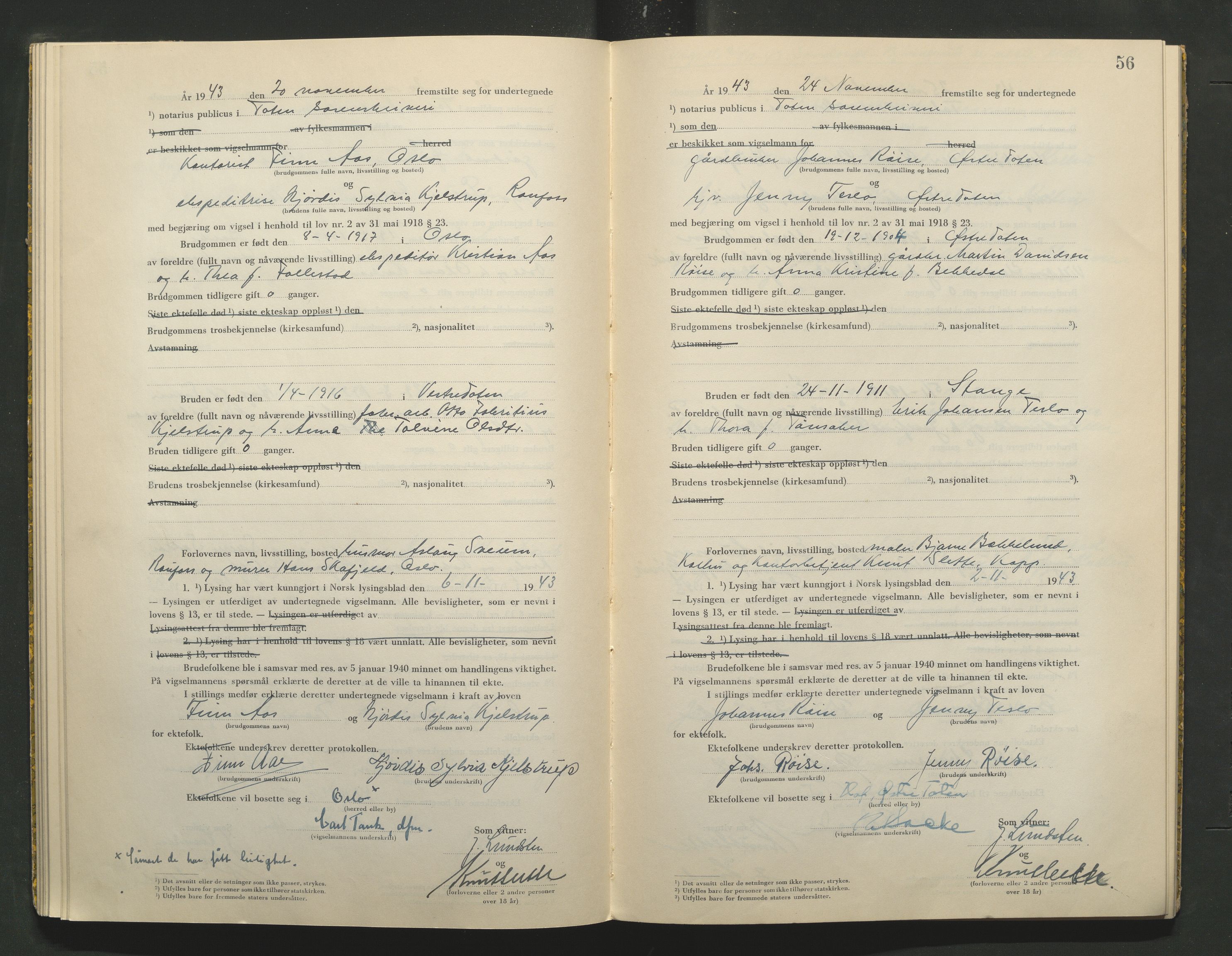 Toten tingrett, AV/SAH-TING-006/L/Lc/L0003: Vigselbok, 1943-1944, p. 56