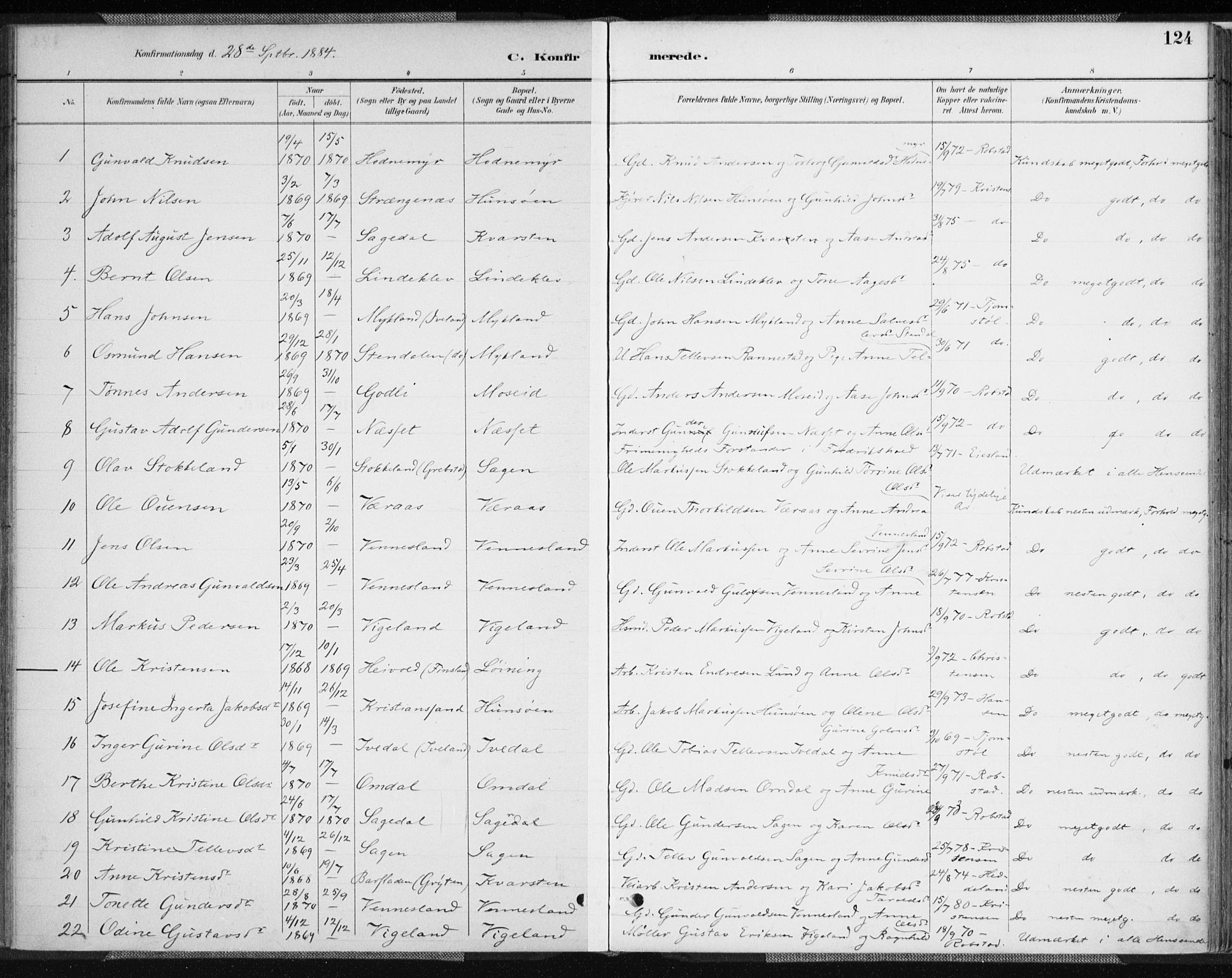 Vennesla sokneprestkontor, AV/SAK-1111-0045/Fa/Fab/L0004: Parish register (official) no. A 4, 1884-1896, p. 124