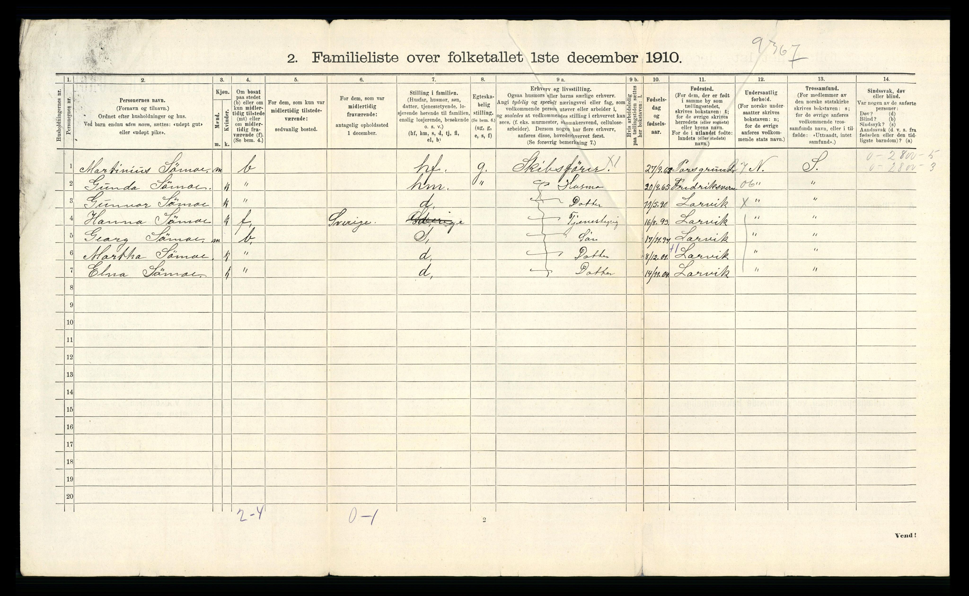 RA, 1910 census for Larvik, 1910, p. 4756