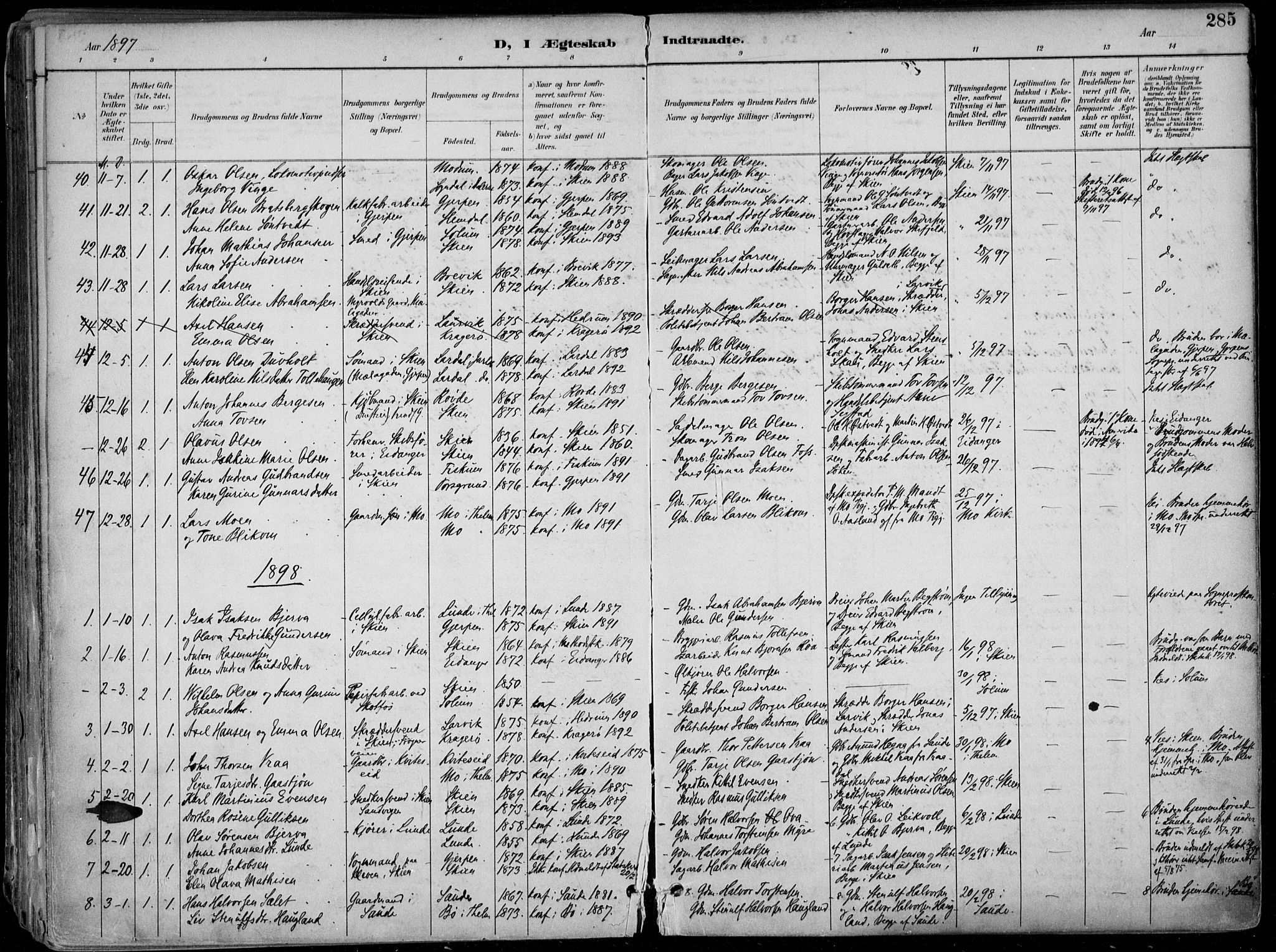 Skien kirkebøker, SAKO/A-302/F/Fa/L0010: Parish register (official) no. 10, 1891-1899, p. 285