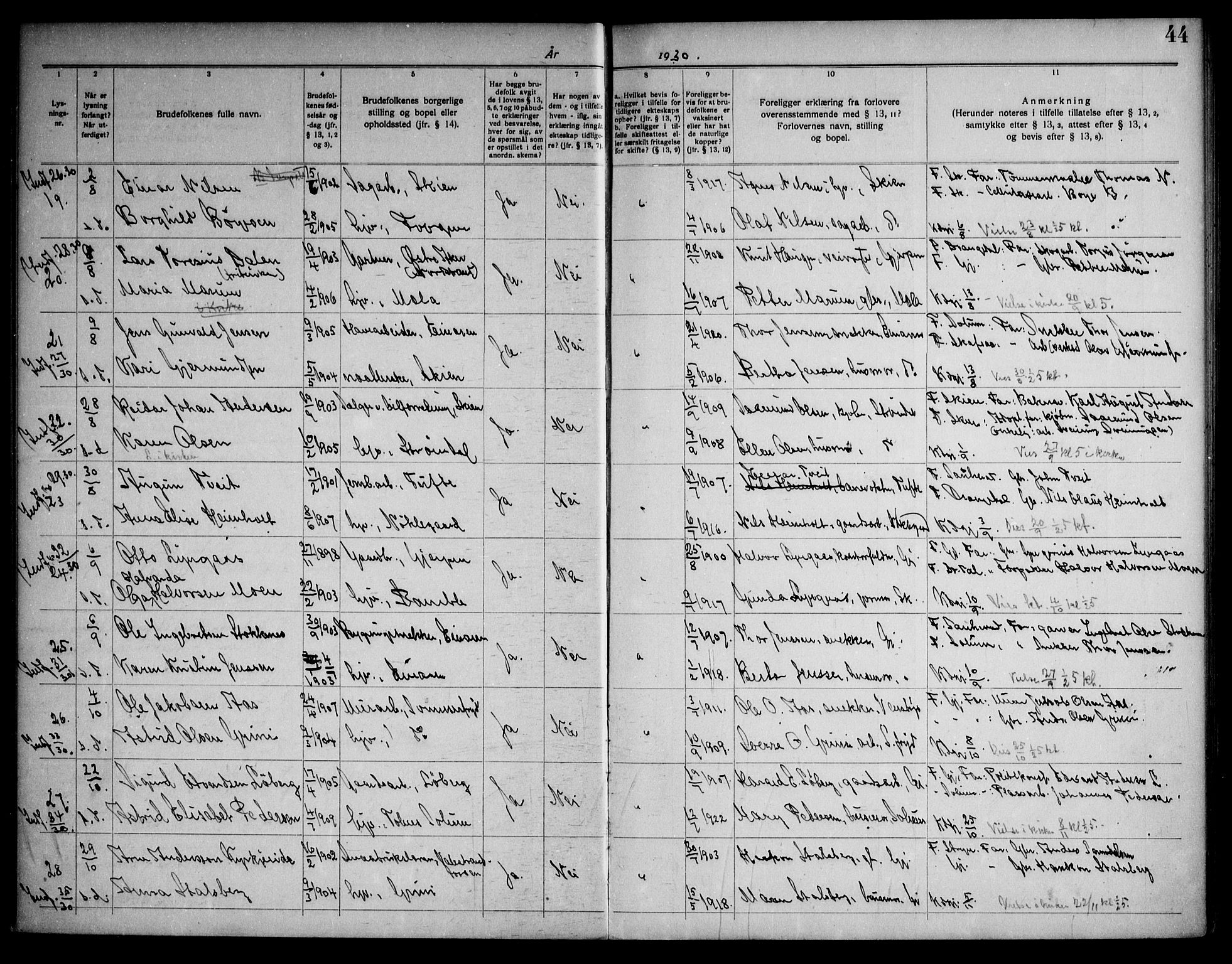 Gjerpen kirkebøker, SAKO/A-265/H/Ha/L0003: Banns register no. I 3, 1919-1946, p. 44