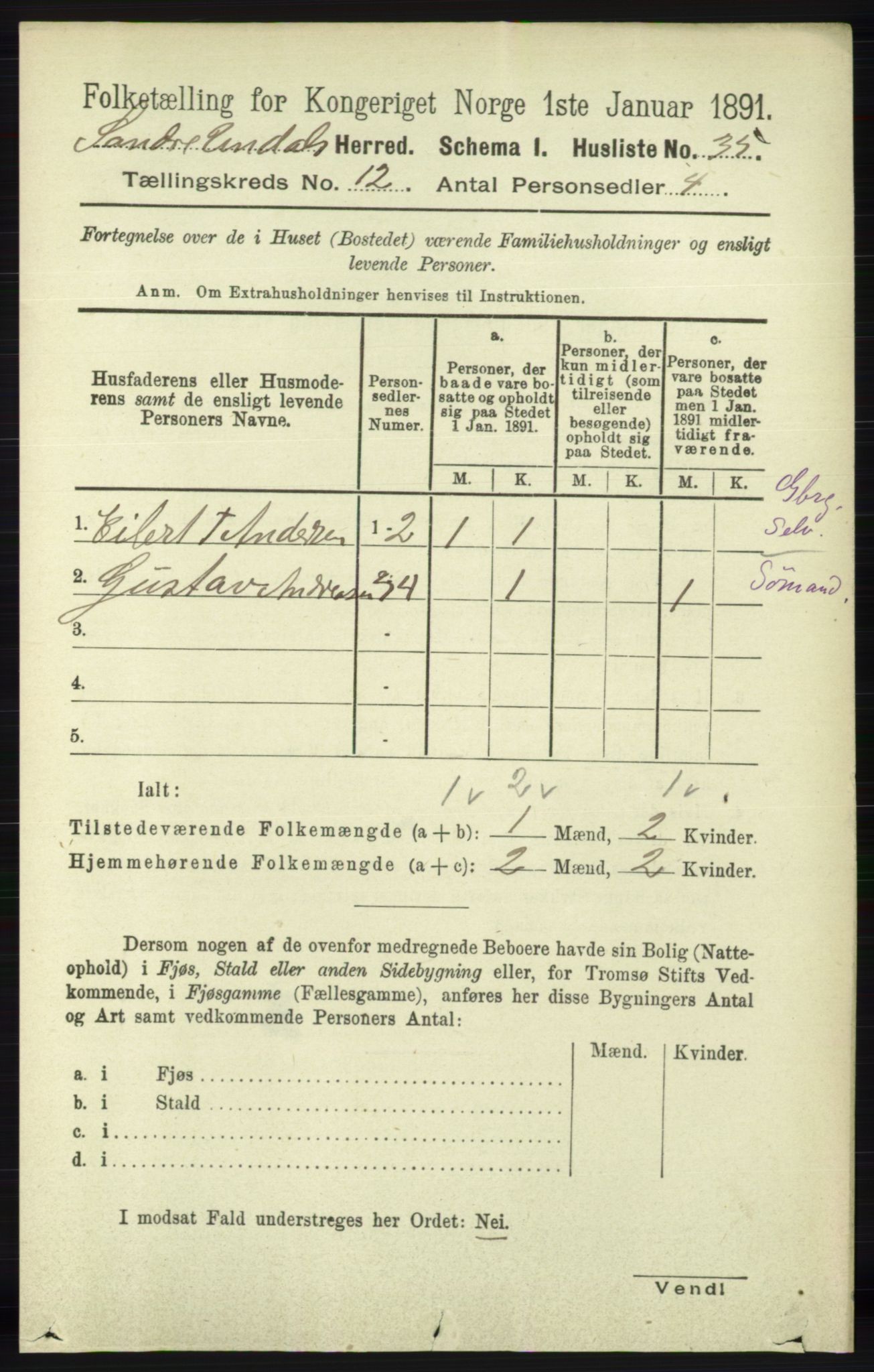 RA, 1891 census for 1029 Sør-Audnedal, 1891, p. 5491