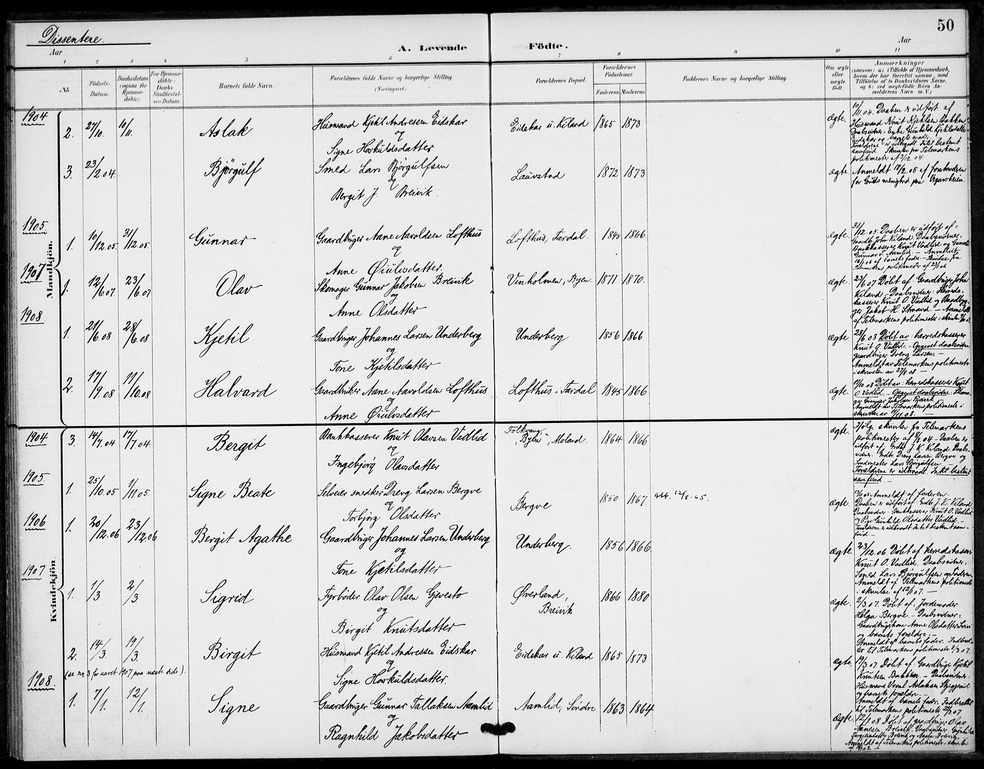 Fyresdal kirkebøker, AV/SAKO-A-263/F/Fa/L0008: Parish register (official) no. I 8, 1899-1914, p. 50