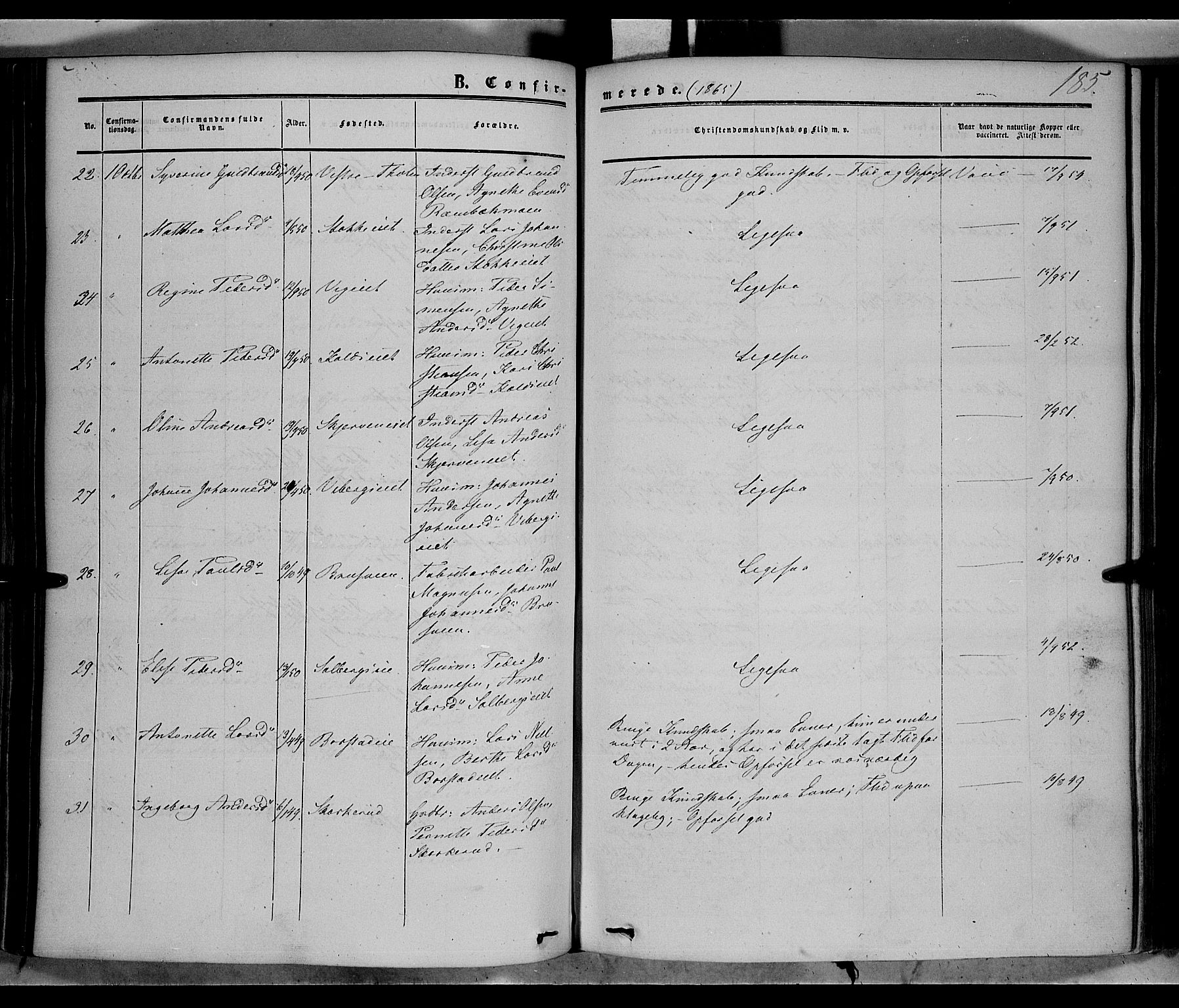 Vardal prestekontor, AV/SAH-PREST-100/H/Ha/Haa/L0006: Parish register (official) no. 6, 1854-1866, p. 185