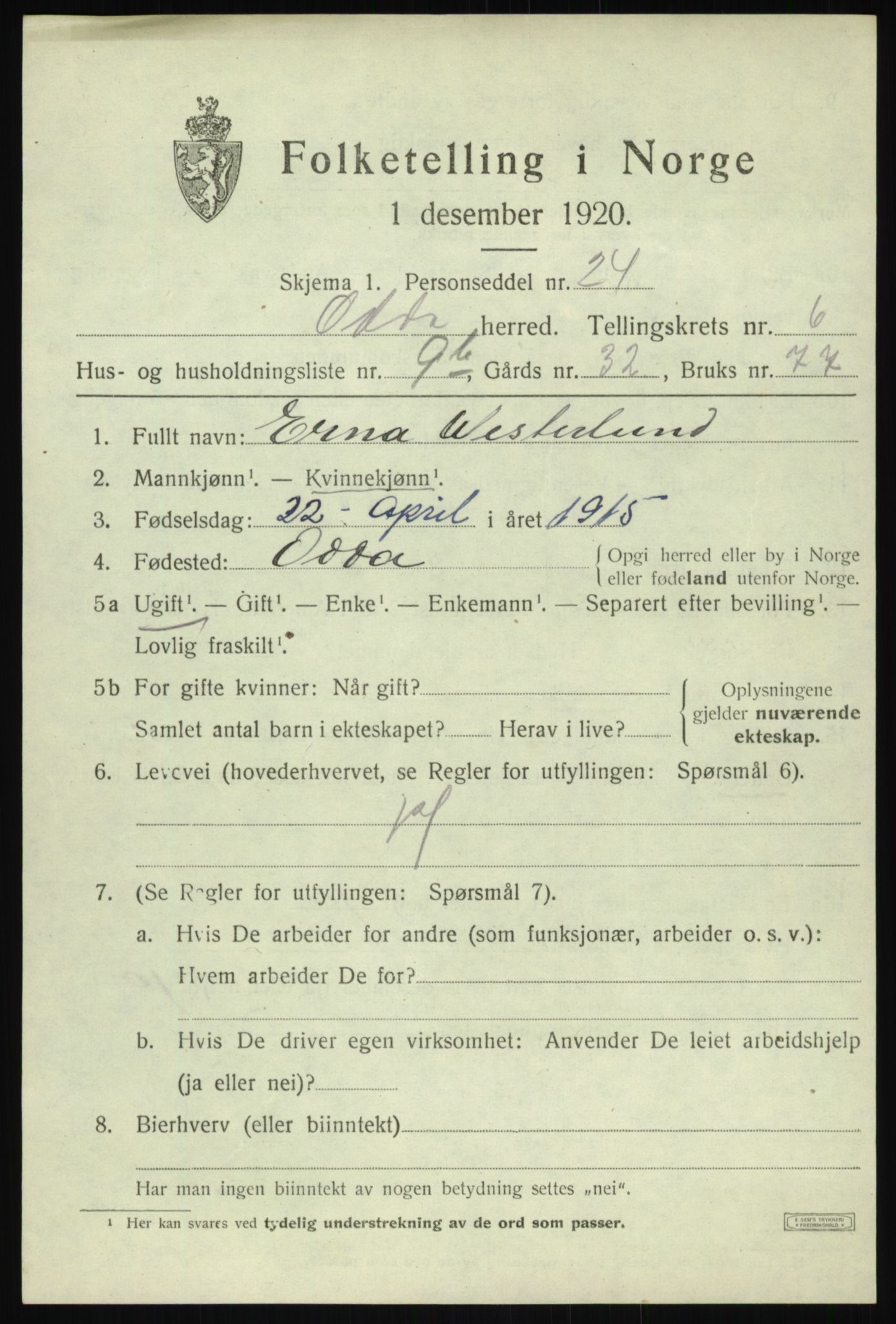 SAB, 1920 census for Odda, 1920, p. 4285