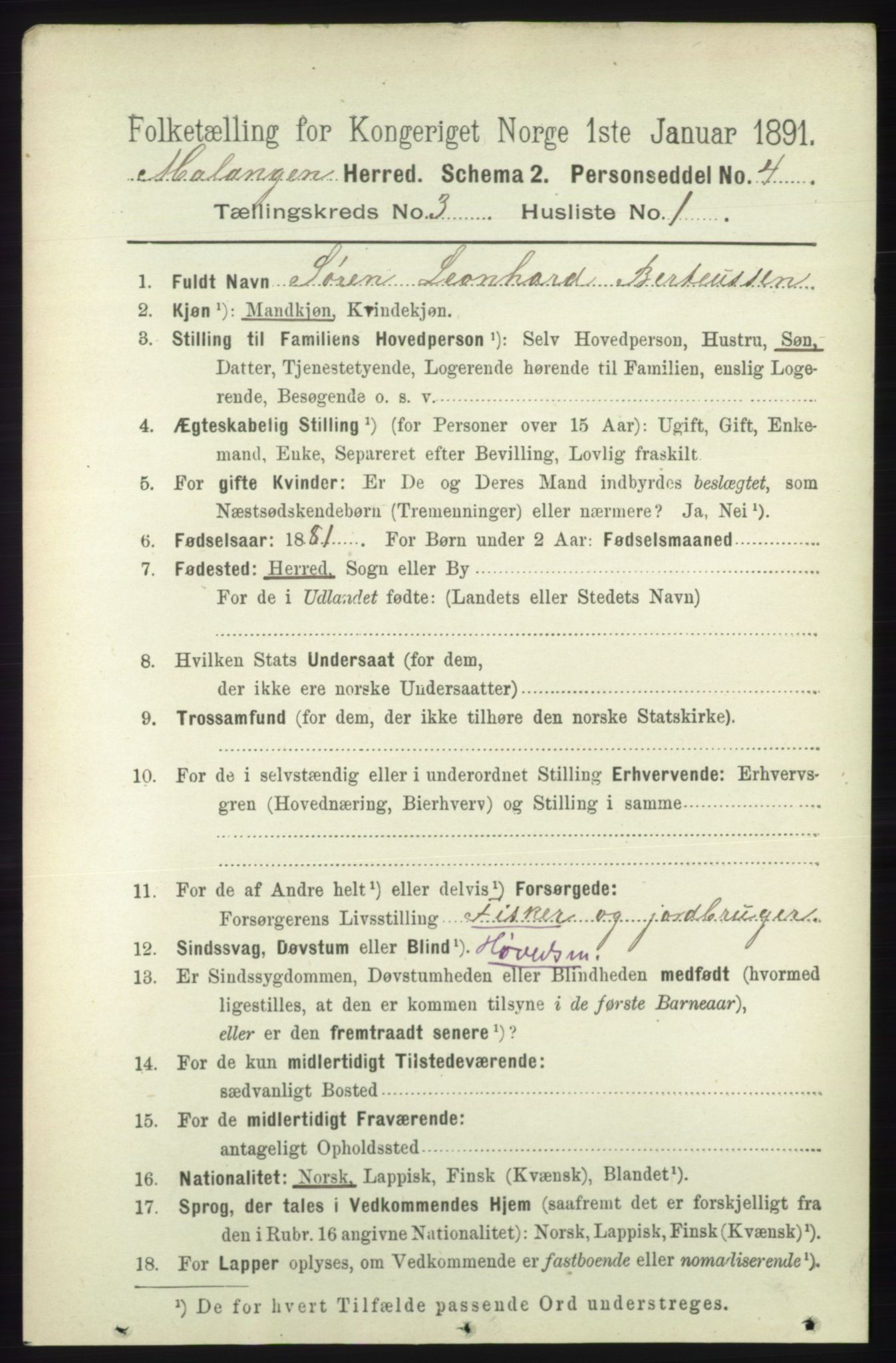 RA, 1891 census for 1932 Malangen, 1891, p. 738