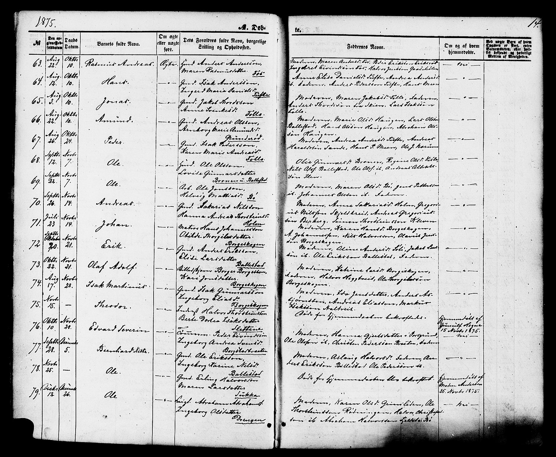 Gjerpen kirkebøker, SAKO/A-265/F/Fa/L0009: Parish register (official) no. I 9, 1872-1885, p. 14