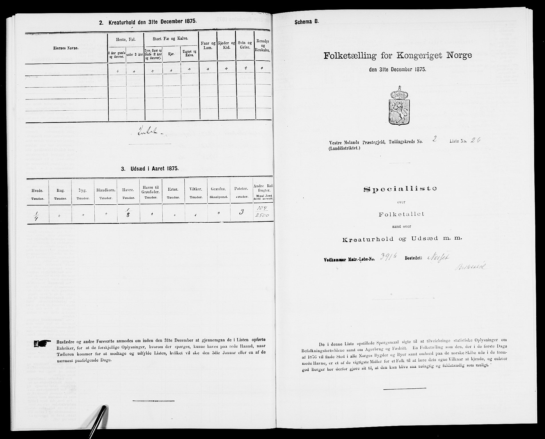 SAK, 1875 census for 0926L Vestre Moland/Vestre Moland, 1875, p. 225
